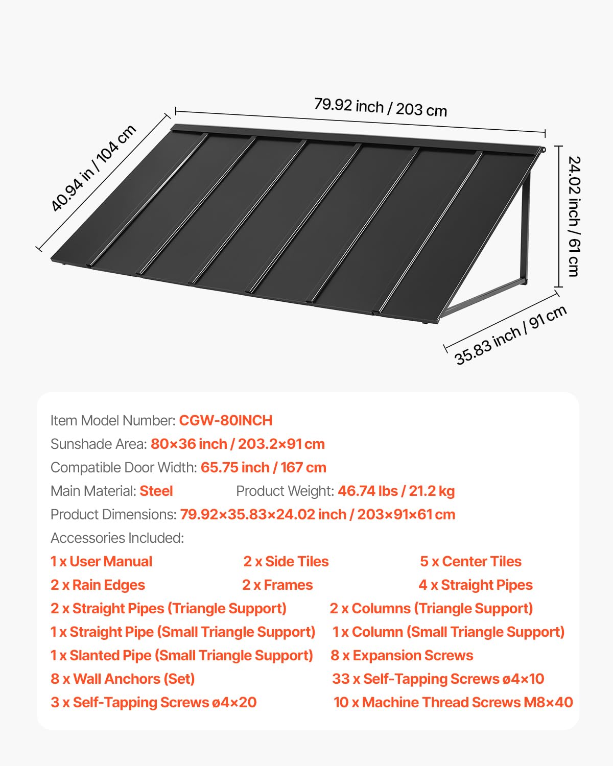 VEVOR Pensilina per Finestra Porta da 2032 x 910 mm Tettoia per Porta Ingresso, Acciaio Verniciato a Polvere Antiruggine, Pensilina per Patio Esterno, per Protezione da Pioggia, Neve e Luce Solare