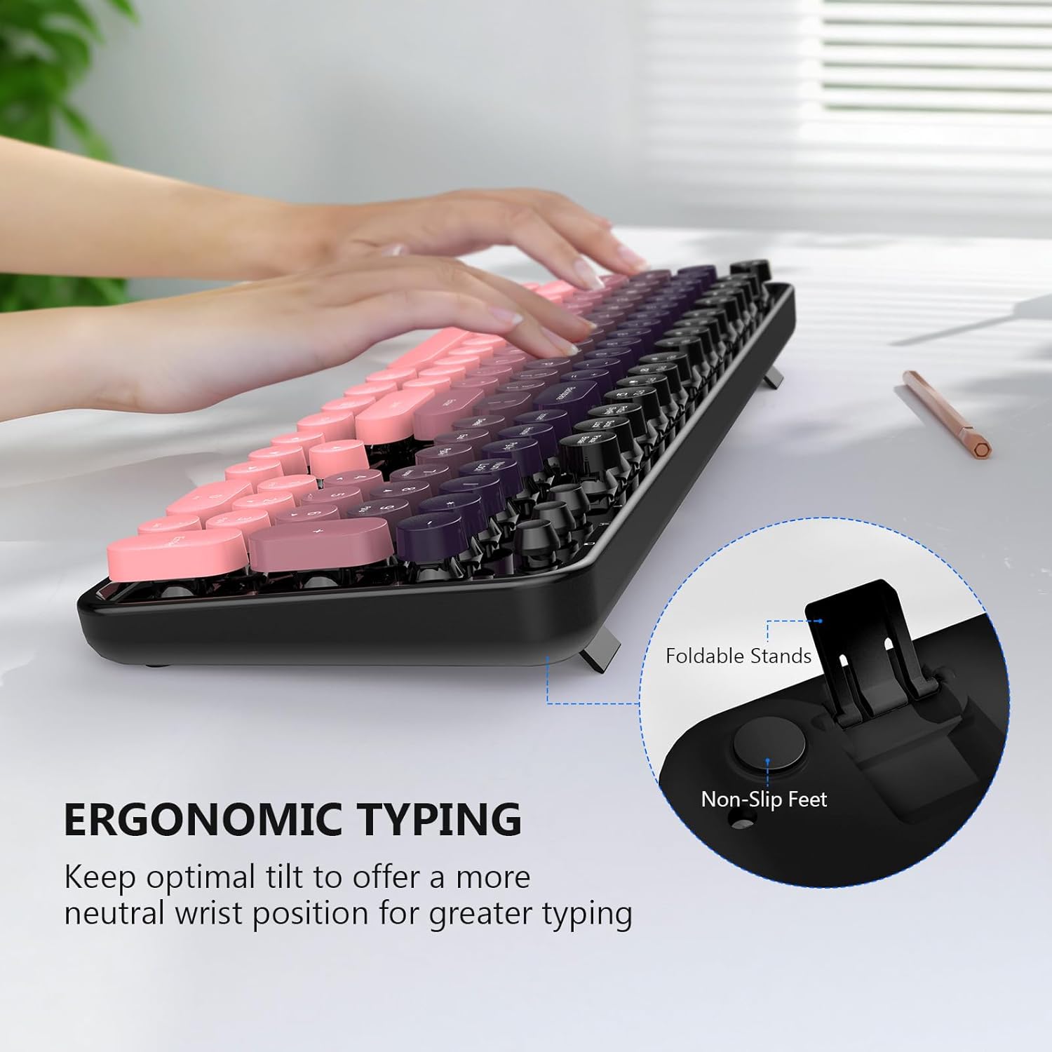 MOFII Wireless Keyboard and Mouse Combo, 2.4 GHz Full-Size Retro Round Keyboard and Mouse, Plug and Play, 8 Multimedia & Shortcut Keys for Mac, Windows, Laptop/Desktop/PC - Pink Gradient
