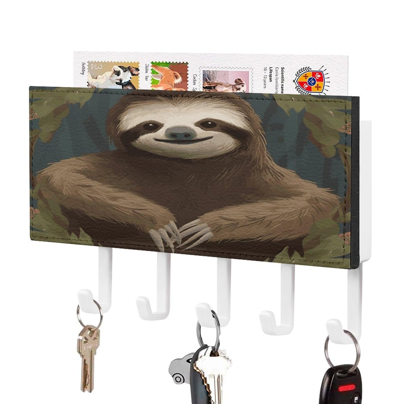 LDGSUPH Sloth Key Holder Wall Mount Key Hanger with 5 Hooks Fashion Key Organizer Rack Hanging Key Hooks with Mail Organizer Key Rack for Home Entryway Hallway White-Style