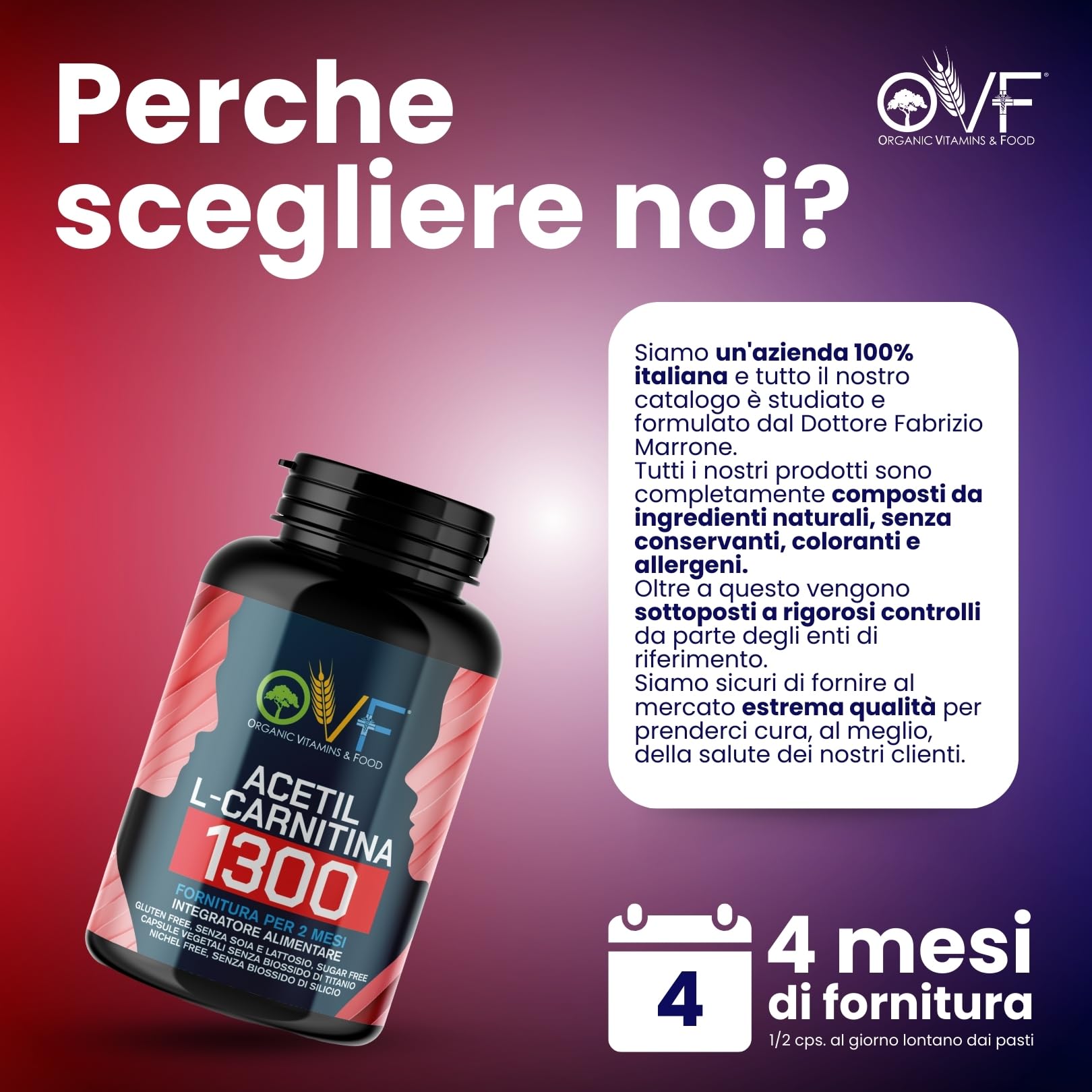 OVF - Acetil L-CARNITINA 1300mg 120cps (2 mesi di fornitura) - La Carnitina Potenzia la Produzione di Energia e favorisce il Metabolismo dei Grassi - Senza Biossido di Silicio - Made in Italy