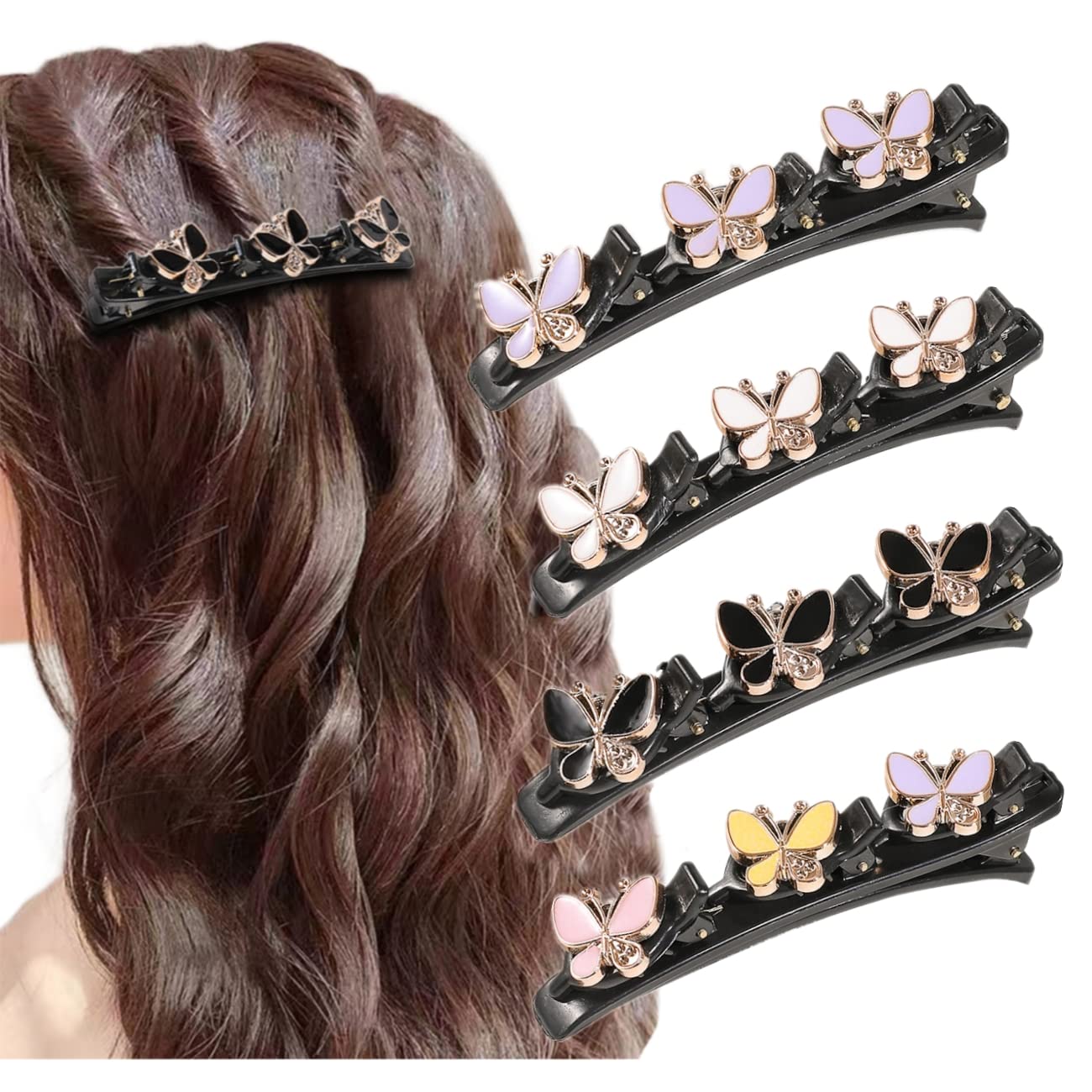 Sparkling Crystal Stone Braided Hair Clips, 4PCS Rhinestone Hair Clips, Multi Shiny Satin Fabric Hair Bands, Beautiful Braided Hair Clip with Rhinestones For Women/Girls(Butterfly)