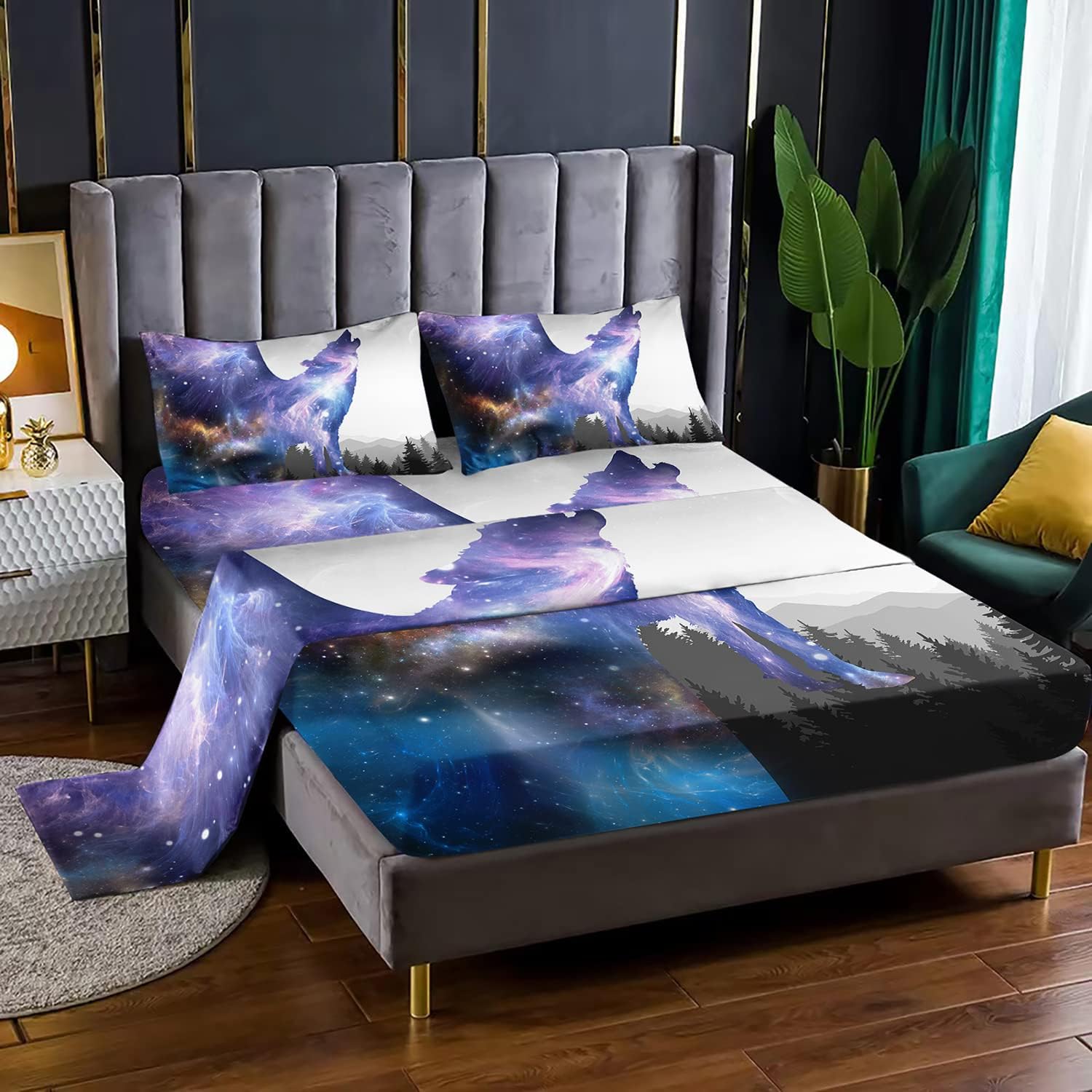 Wolf Bed Sheet Set 4Pcs Galaxy Night Moon Bedding Set Howling Wolf Down Lunar Eclipse Bed Set for Kids Teens Room Decor Wild Animals Bed Cover with Fitted Sheet + Flat Sheet + 2 Pillowcases