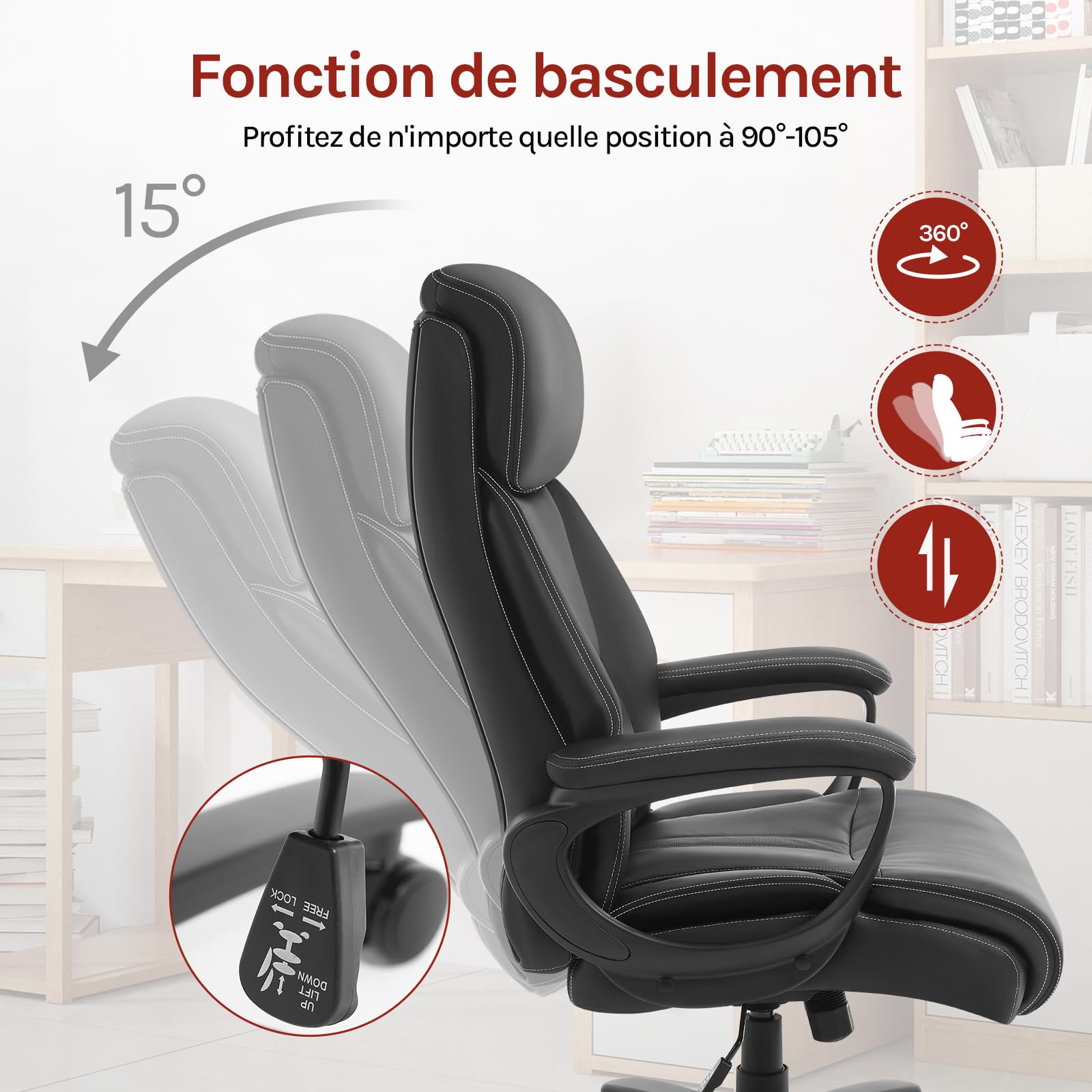 WOLTU Chaise de Bureau, Chaise de Direction Ergonomique, PU, Noir