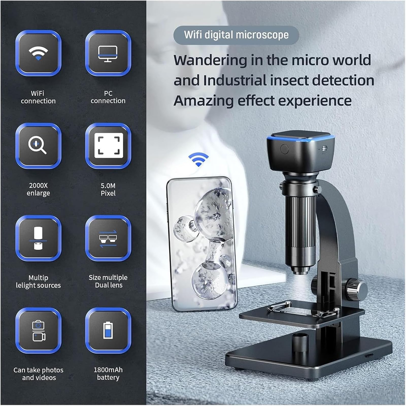 Microscopio digitale, doppia lente da 5 MP con ingrandimento 2000X e doppia luce LED, ideale per circuiti stampati, circuiti stampati e ispezioni biologiche