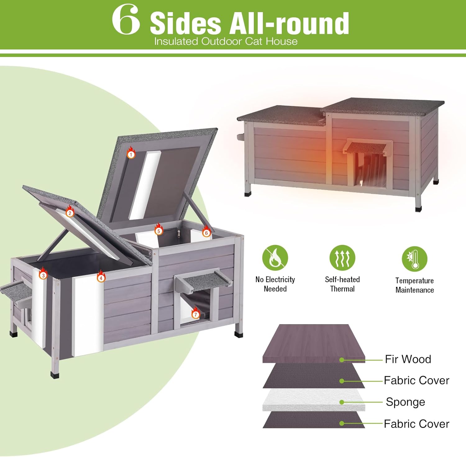 GUTINNEEN Large Outdoor Insulated Cat House Weatherproof Feral Cat Shelter with All-Round Thermal Liner, Wooden Kitty Condo with Openable Roof, Elevated Base for 2-4 Cats in Winter