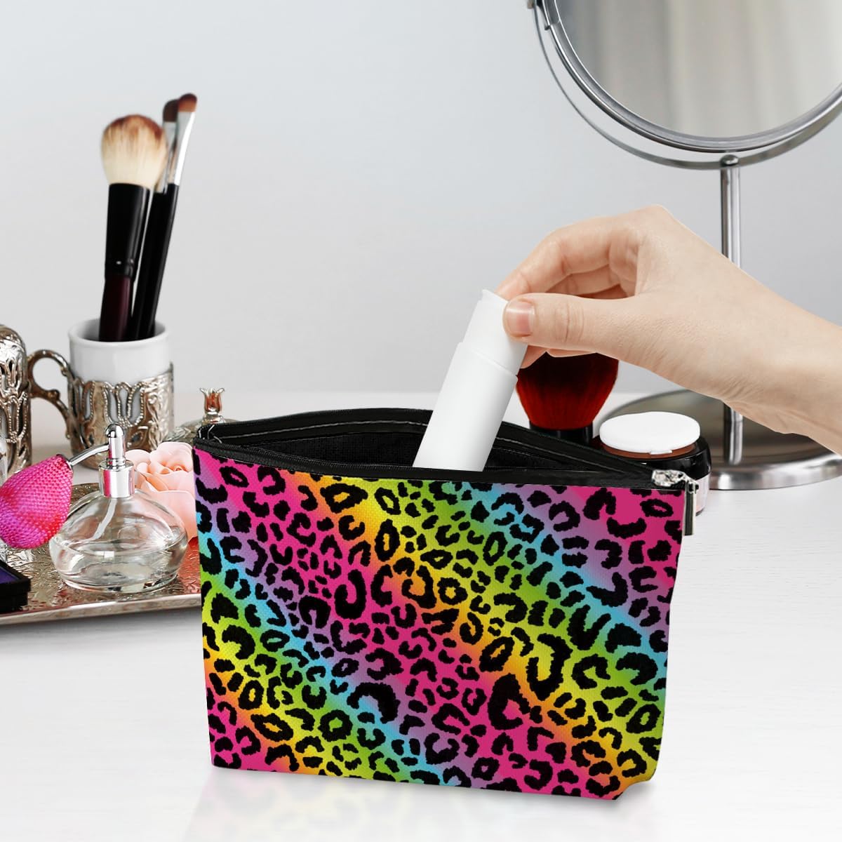 4 Pack Rainbow Leopard Print Makeup Bag Cosmetic Bags,Leopard Decor Gifts for Women Cheetah Lovers Daughter Girl Friend Niece Bestie Nurse Mom Appreciation Birthday Christmas Waterproof Toiletry Bag - Image 2