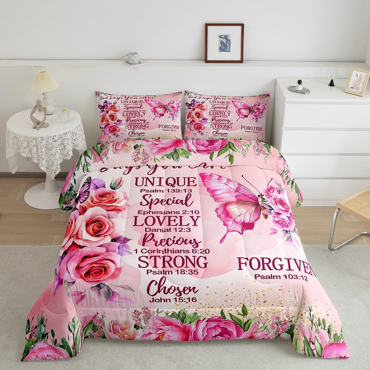 Erosebridal Pink Butterfly Bedding Set Twin Boho Girly Pink Floral Comforter for Girls Kids Women Inspirational Quotes Duvet Insert Bible Verse Colorful Bohemian Rose Flower Bed Sets