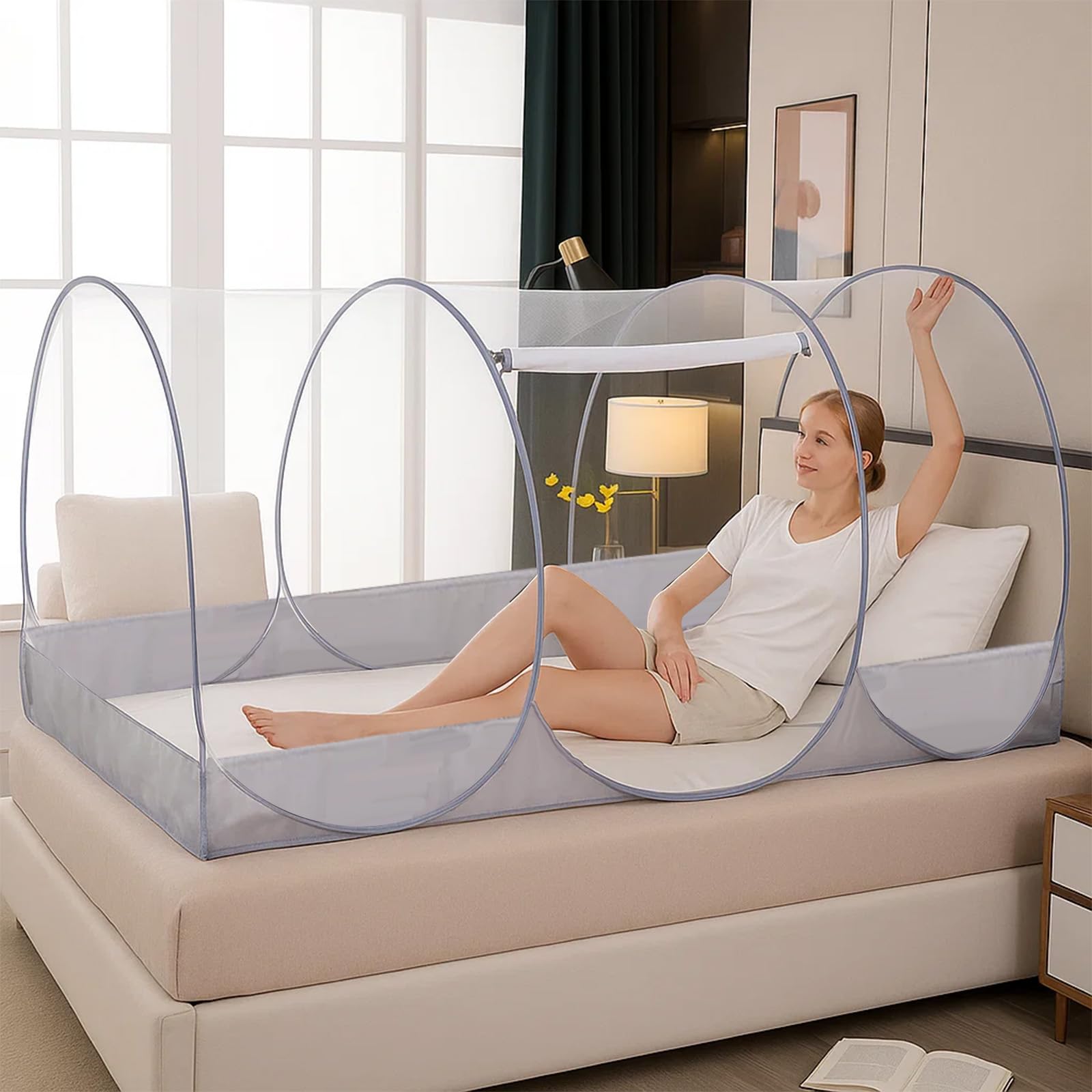 Moustiquaire pliable pop-up pour lit simple familial avec fermeture éclair, tente de camping portable, tente de moustique facile à installer pour la maison, le camping, les voyages, le dortoir