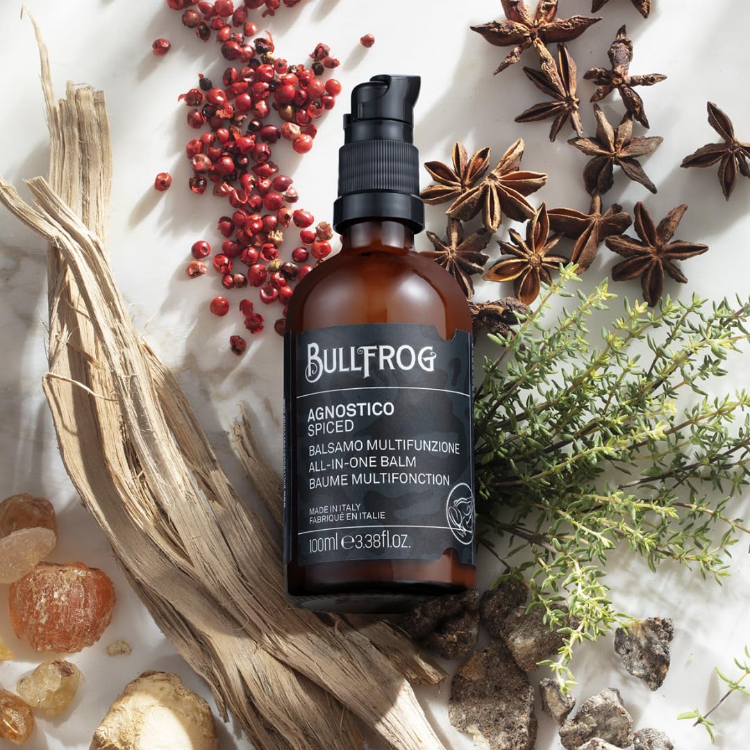 Bullfrog - Agnostique Spiced Baume Multifonction Barbe et Cheveux, crème baume à l’anis, poivre rose et gingembre, nourrit, hydrate, apaise la peau, protège contre les irritations, 100 ml