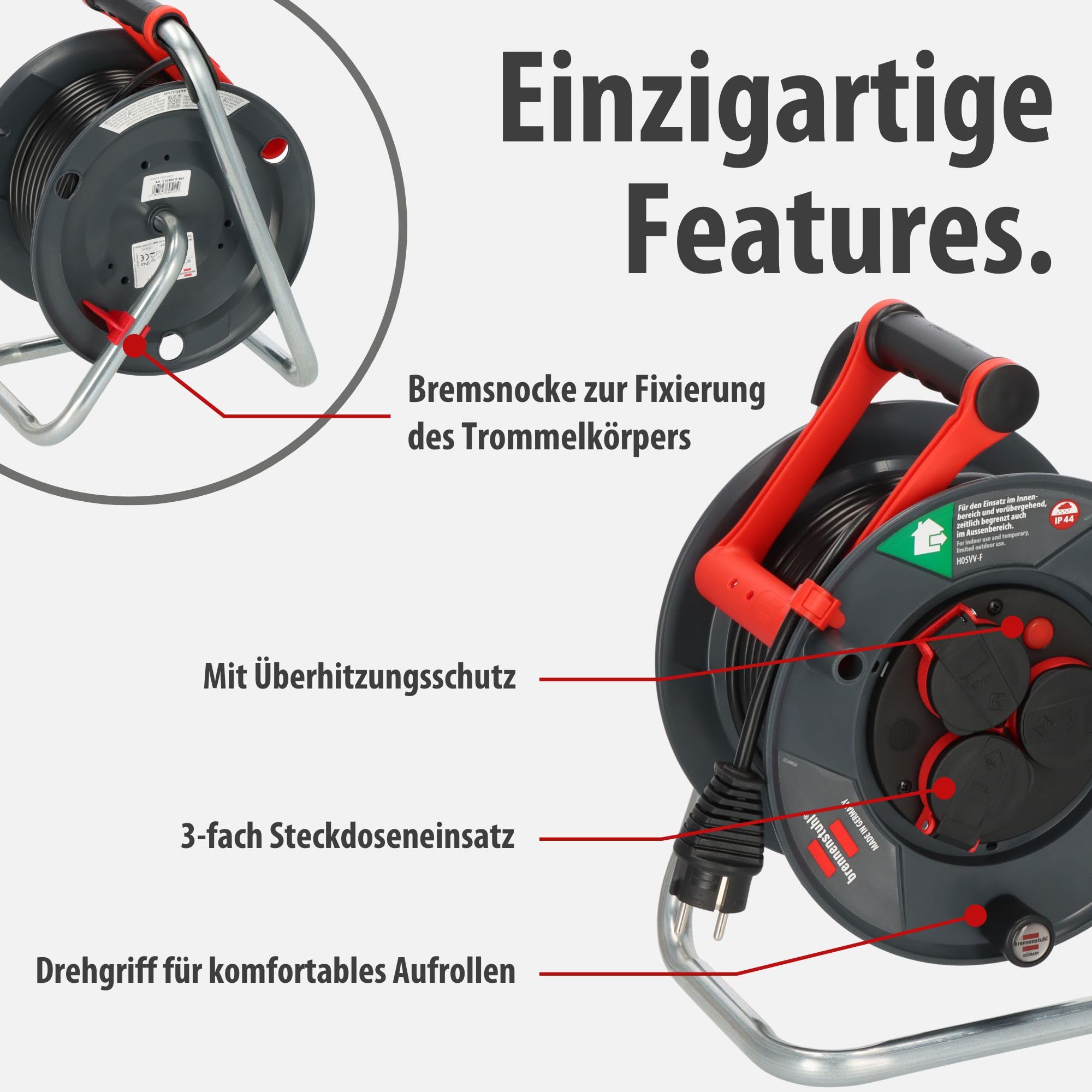 Brennenstuhl Garant V2 IP44 Kabeltrommel 25m outdoor (Made in Germany, 3 Schutzkontakt-Steckdosen, Spezialkunststoff)
