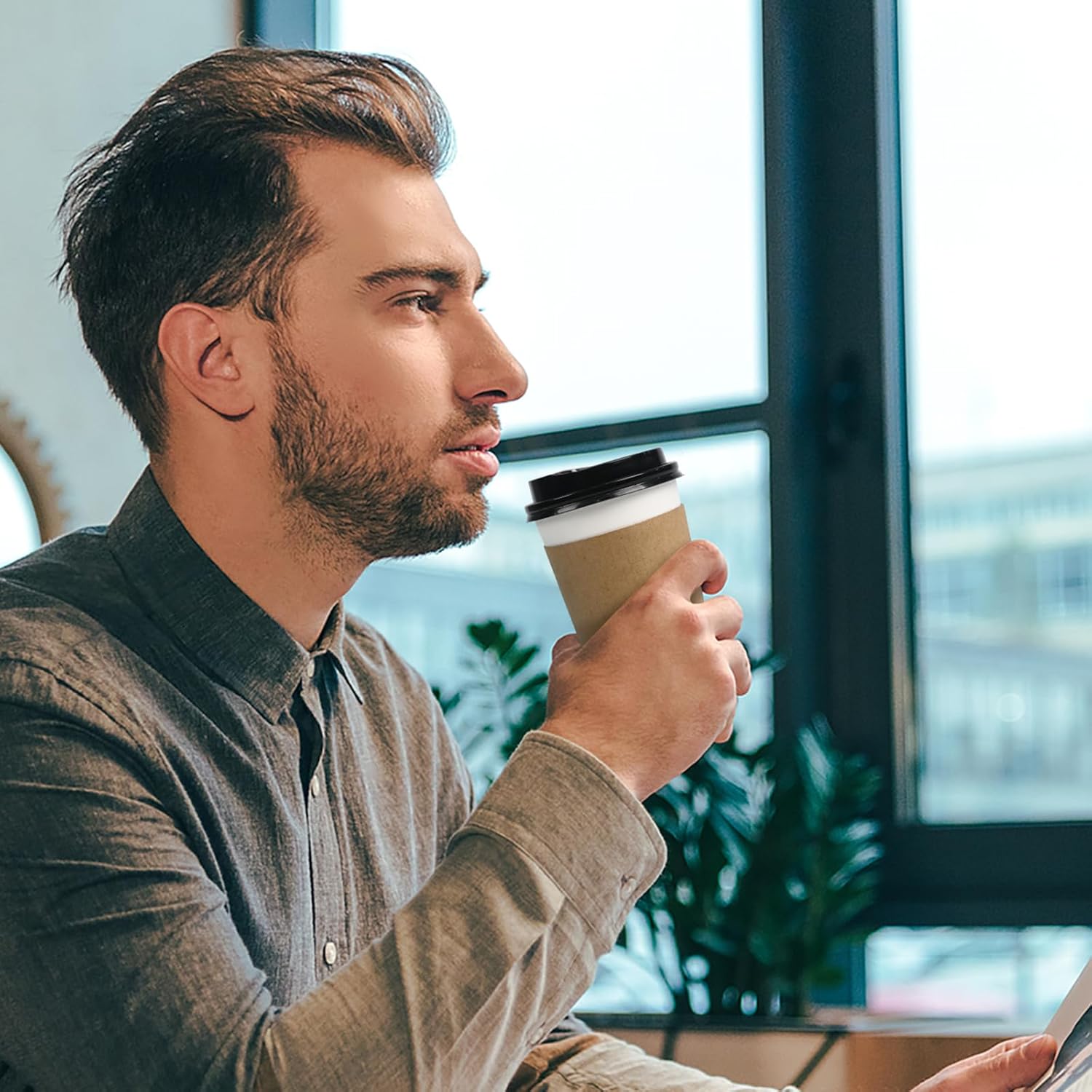 ESSENTIAL 16 oz Heavy Duty Coffee Cups with Lids, Sleeves & Labels–80 Pack Disposable Paper To Go Cups, for Hot/Cold Beverage, Offices, Homes, Party