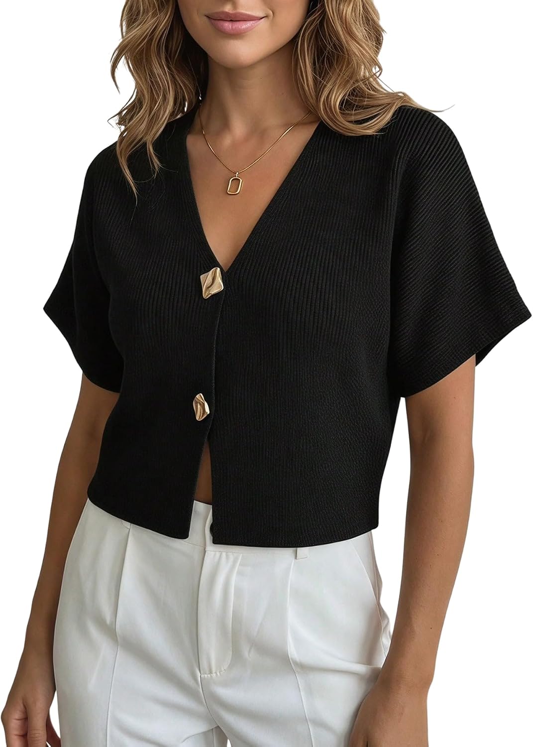 SOLY HUX Women's Short Sleeve Cardigan Sweater Spring Office Clothes Button Down V Neck Slim Fit Elegant Knit Tops