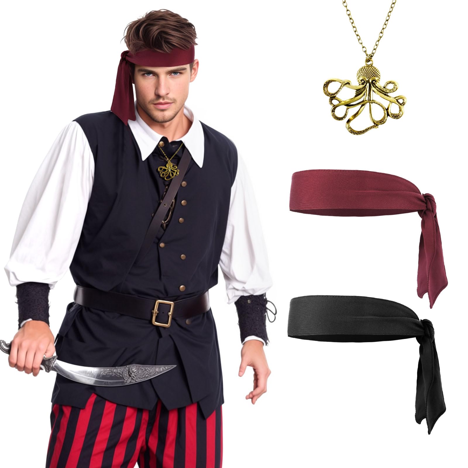 DOCILA Pirate Costume Accessories Set Men Women Pirate Head Scarf Sash Belt  Bandana Necklace Halloween Cosplay Party