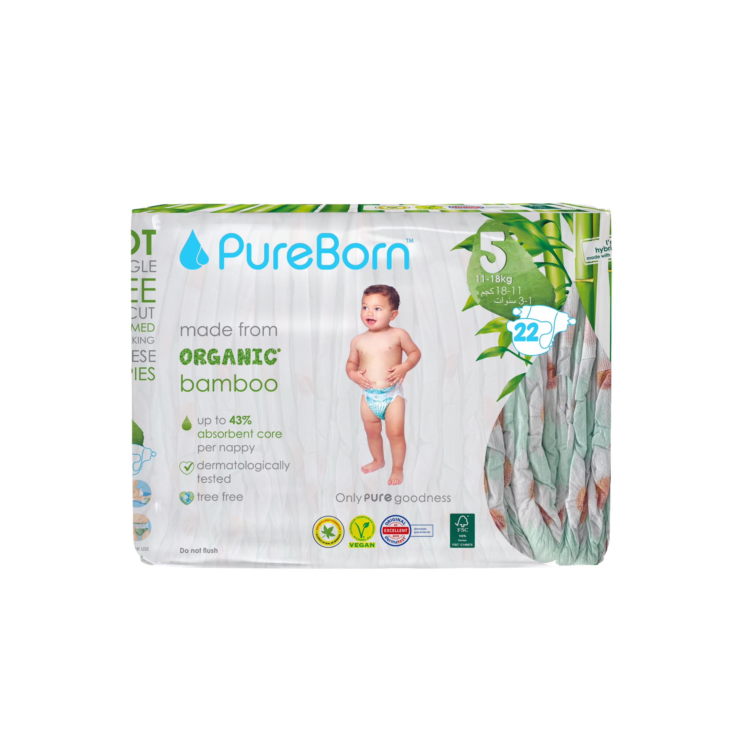 PureBorn Nappies Pure Organic Bamboo Nappies – Nappies Size 5 Hypoallergenic 22 - Nappies Ultra Soft (11-18 kg) 100% Plant Based Eco Friendly Daisy Print