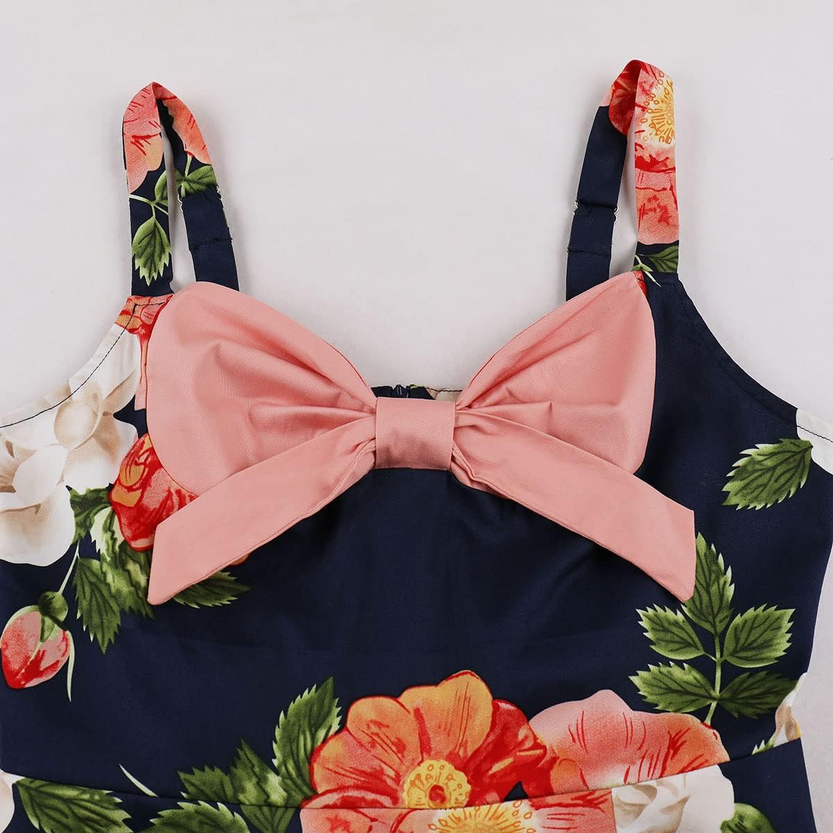 Women Spaghetti Straps 50s Vintage Floral Print Cocktail Party Swing Dress Pinup Contrast Color Block Retro 1950s Audrey Rockabilly Prom Dress Fared A-line Backless Wedding Dress Pink+Dark Blue XL - Image 4