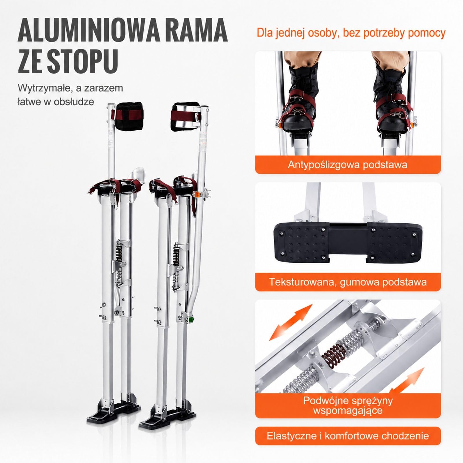 Aluminiowe szczudła robocze z regulowaną wysokością, metalowymi klamrami i teksturowaną gumową stopką, do płyt gipsowo-kartonowych, malowania, konstrukcji sufitu, przycinania drzew i prac