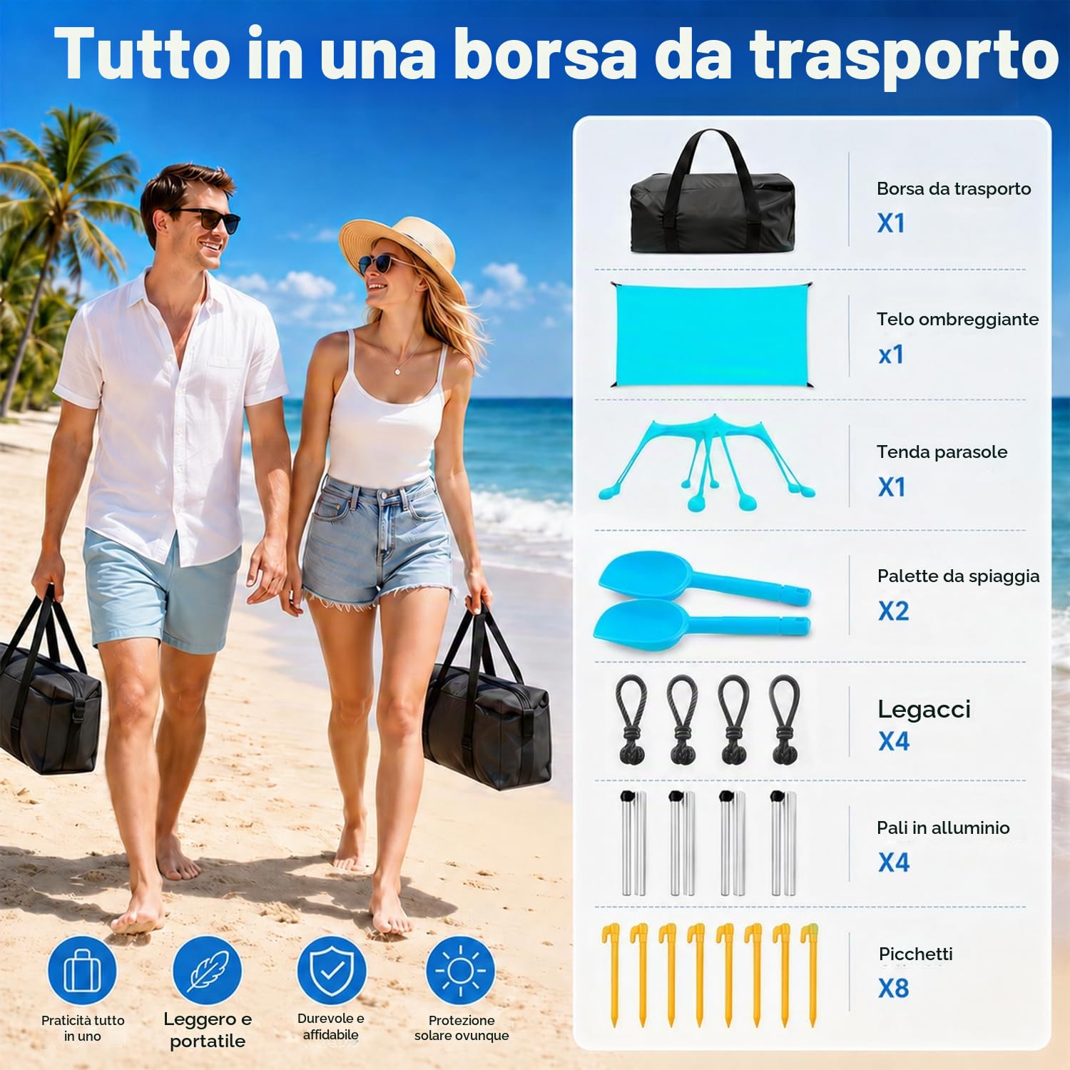 3.1x3.1m Tenda da Spiaggia Ultra Stabile Portatile con Pareti Laterali, Protezione UV UPF50+ Tenda da Mare Super Antivento con 8 Ancoraggi a Sabbia Riempibili e 4 Aste in Alluminio, Turchese