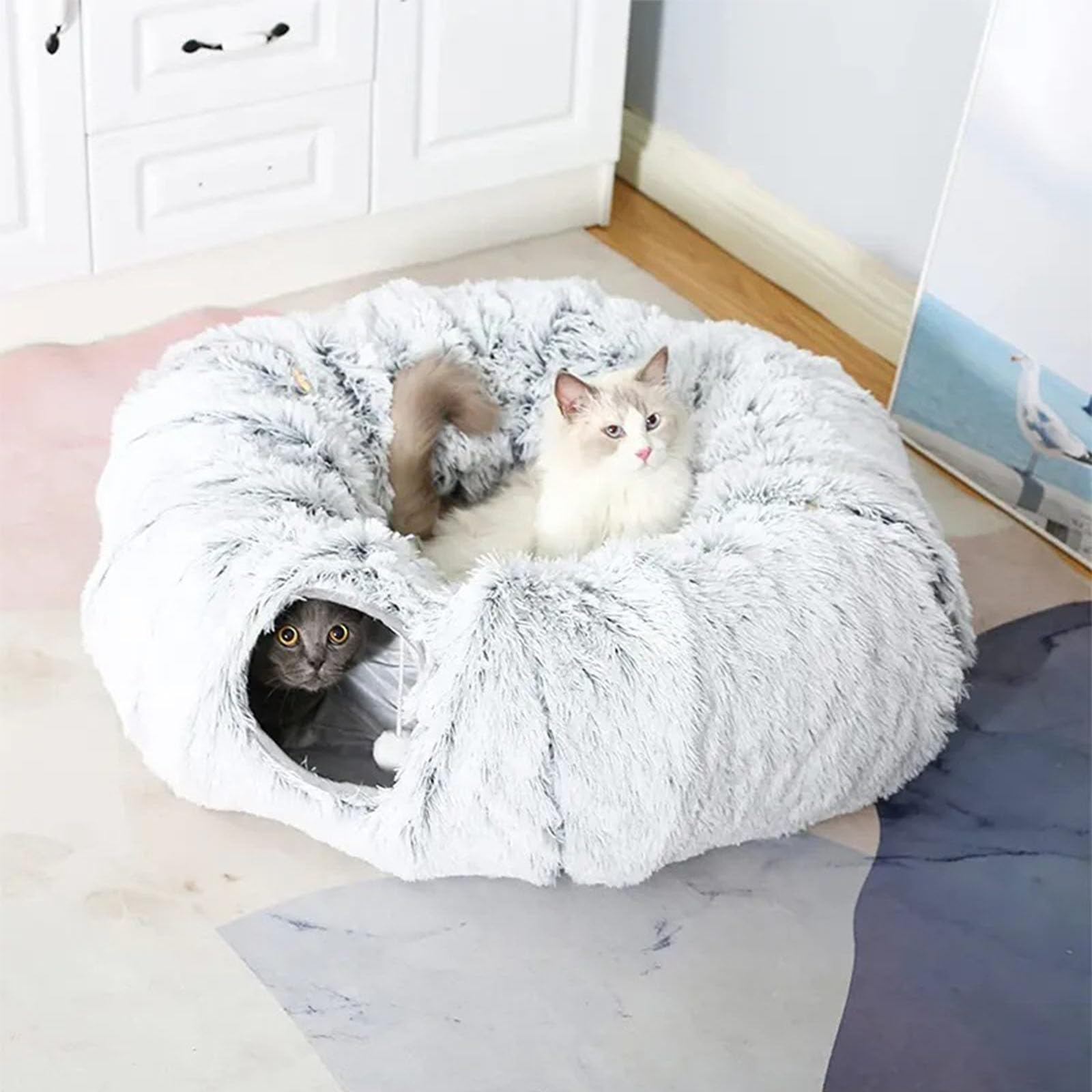 Cat Christmas Tree Tunnel,Cat Tunnel Bed Under Christmas Tree,Fauven Plush Cat Tunnel Bed -2 in 1, Christmas Cat Tree,Suitable for Medium And Small Cats (Gray)