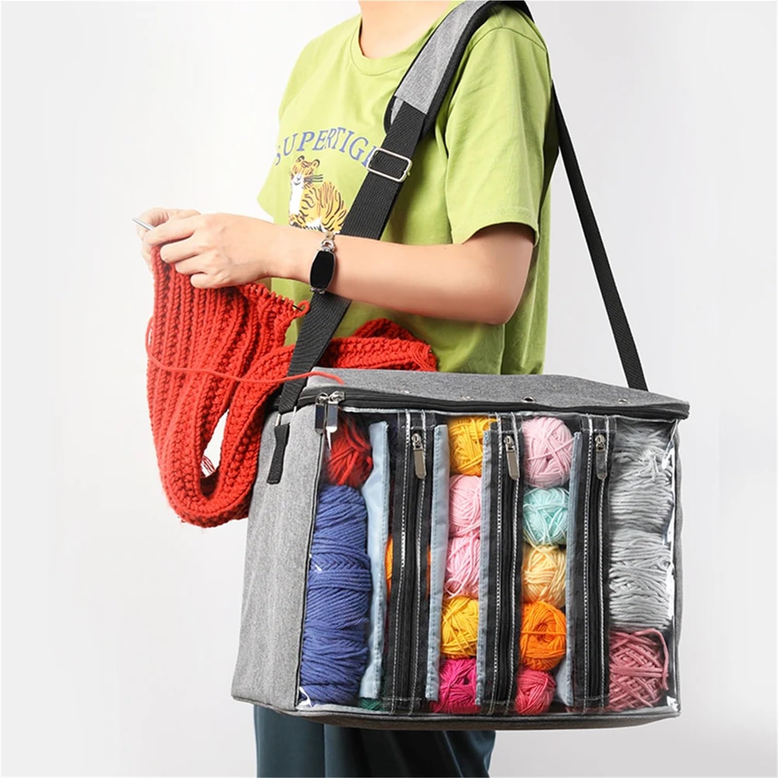 Bolsa de hilo for agujas de tejer, bolsa de hilo portátil transparente y Visible, correa telescópica for accesorios de costura(Gray)