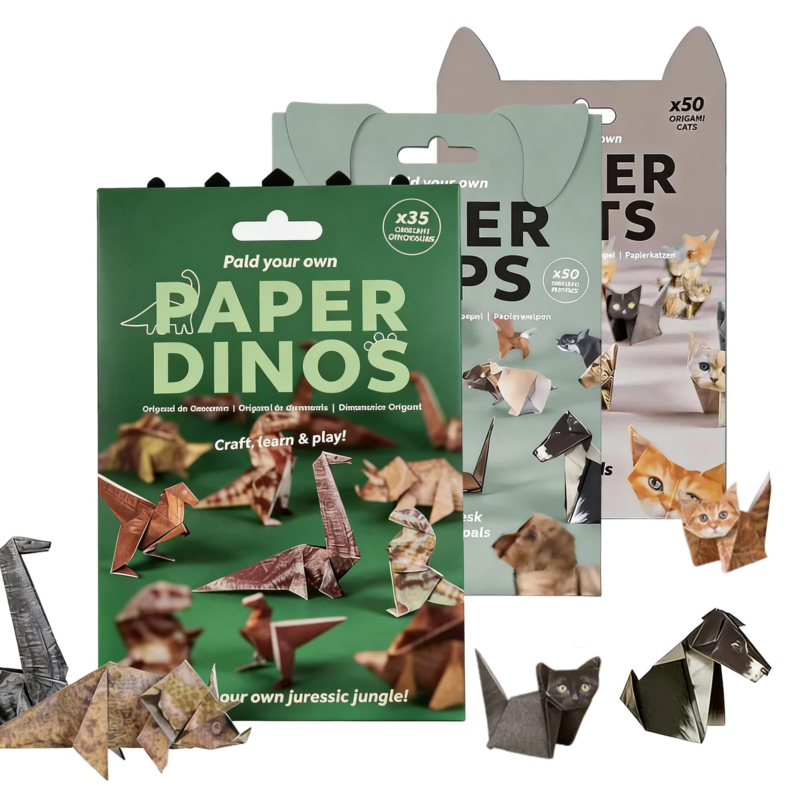 Rthynti Paper Cats Origami Kit, 150Pcs DIY 3D Fold Your Own Paper Cat Figures, Origami Cats Kit for Adults Kids Animal Lovers, Gift & Desk Decoration (Cat+Dog+Dinosaur)