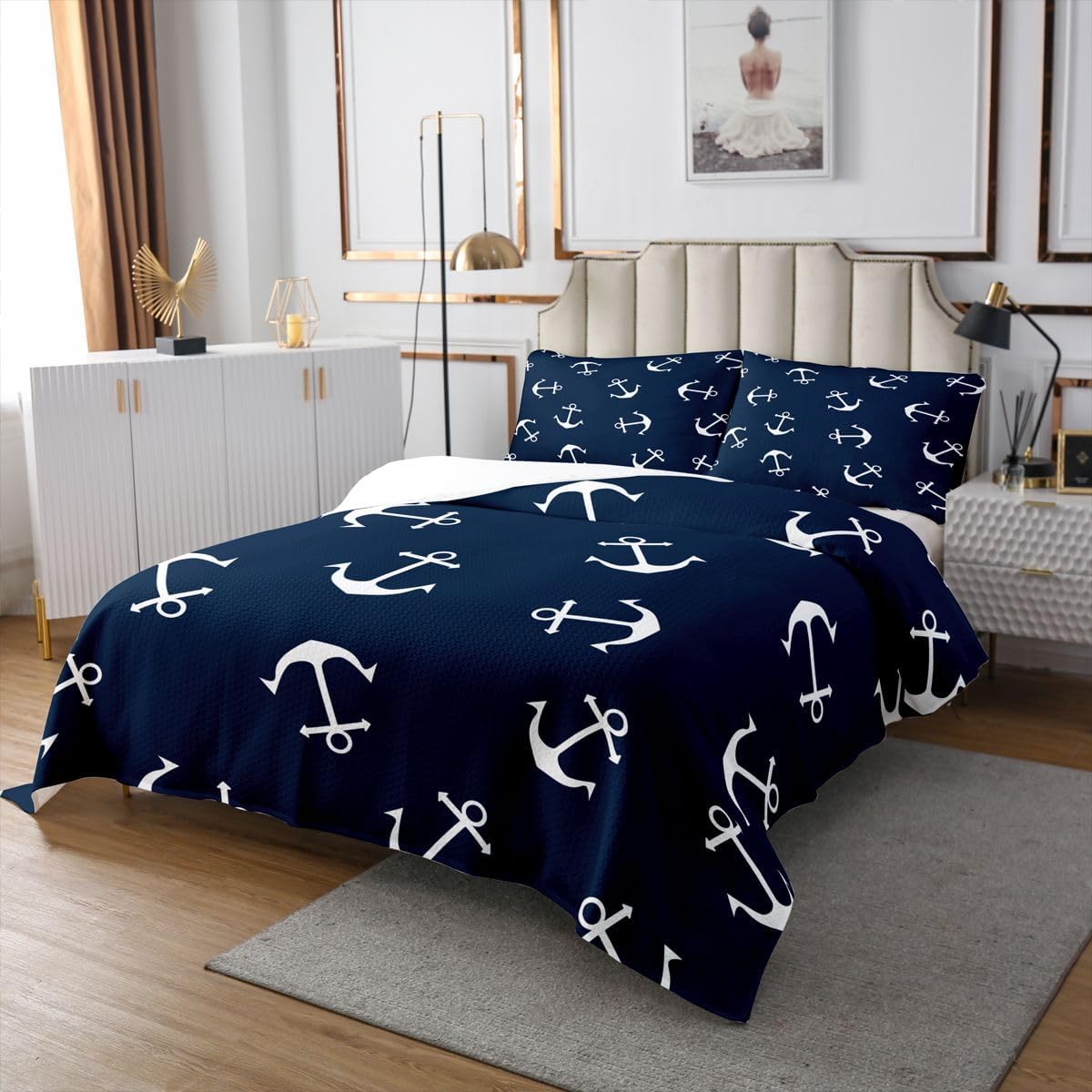 Feelyou Ocean Nautical Bedspread 2Pcs Anchor Bedding Quilt Set Sea Adventure Coverlet Soft Luxury Quilted Twin Size,Navy Blue