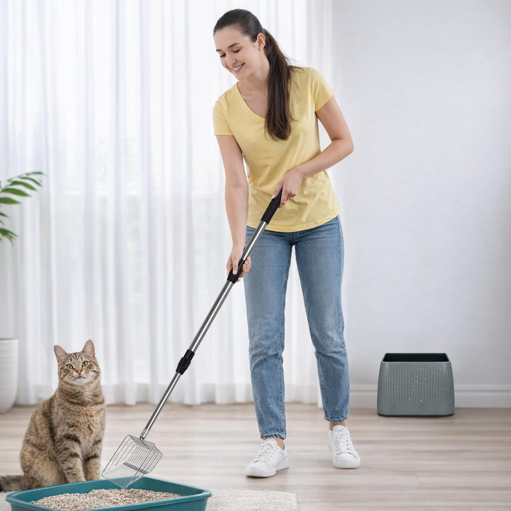 XBX Cuchara de arena para gatos de mango largo con soporte, pala de arena de metal extensible ajustable, tamiz de pala de acero inoxidable para limpieza de cajas de arena, pala duradera para uso