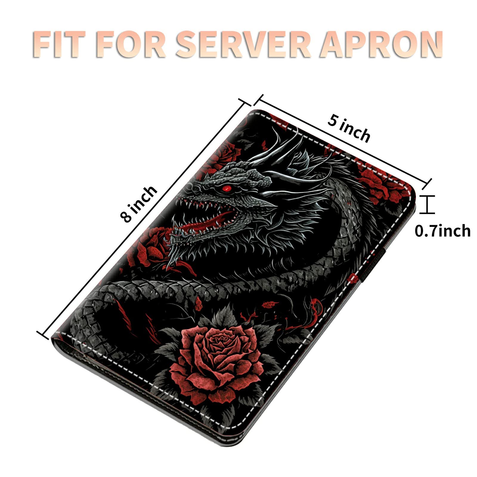 Server Books for Waitress Waiter with Zipper Pocket, Dragon Red Roses Leather Server Pads Waitstaff Organizer Guest Check Presenters Server Wallet Money Holder Pouch Fit Apron