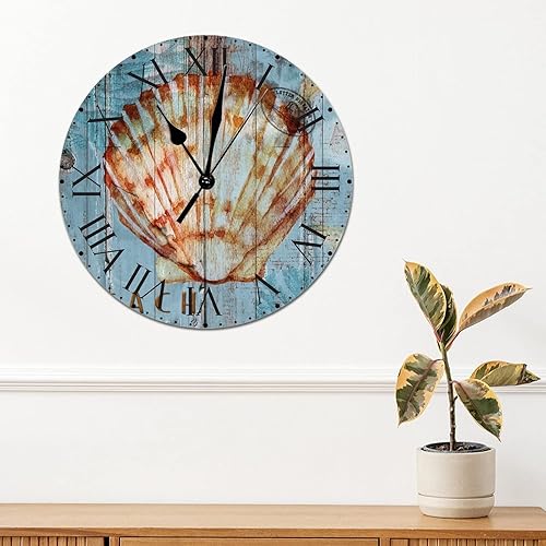 Miniatura 65 de ArogGeld Reloj de pared de PVC de mediados de siglo, concha, números de playa, estilo océano con números romanos de 10 pulgadas, funciona