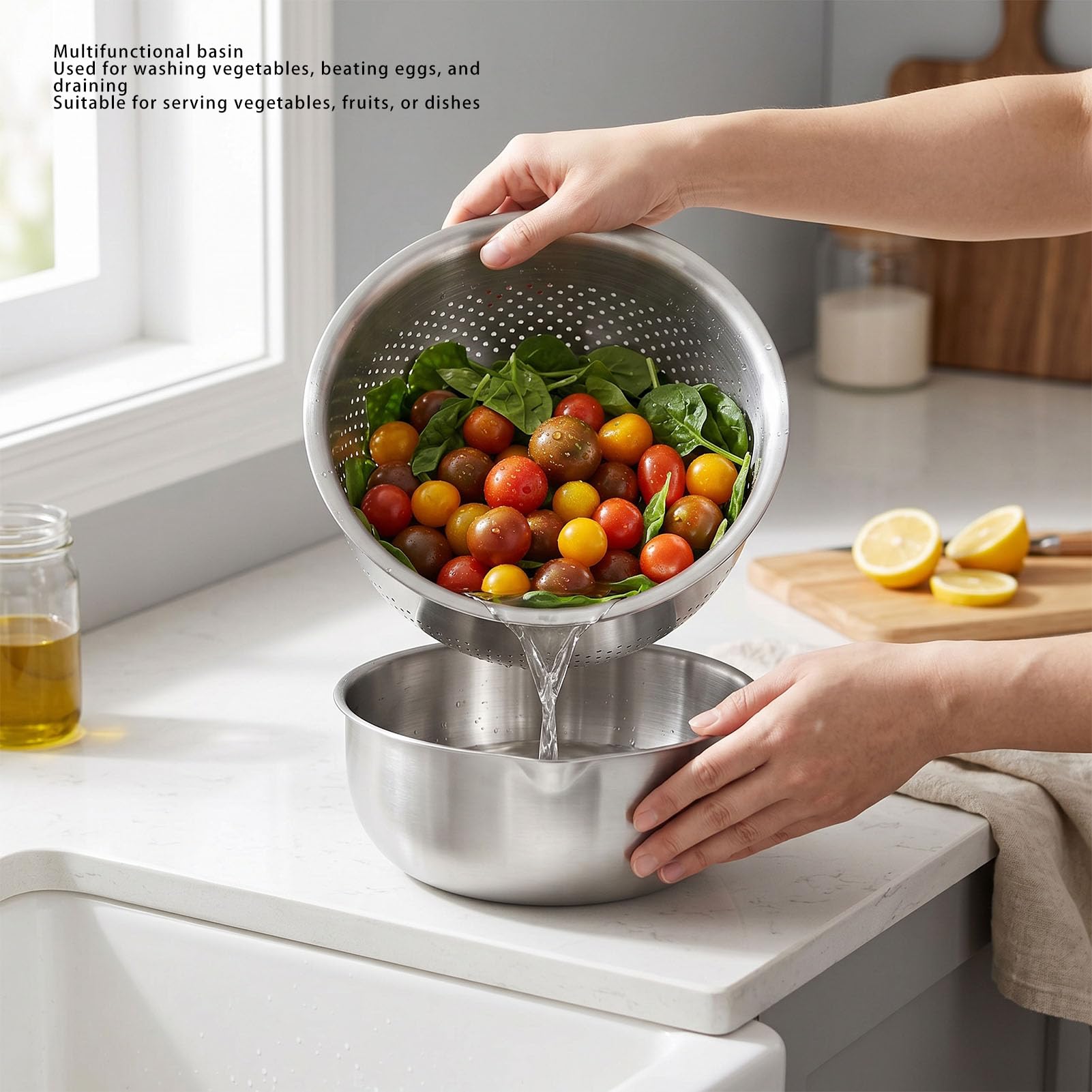 Fockety Juego de Cuencos Coladores de Acero Inoxidable, Cesta Multiusos para Lavar Frutas y Verduras con Gran Capacidad y Acabados Suaves, Colador de Metal para Escurrir Servir en la
