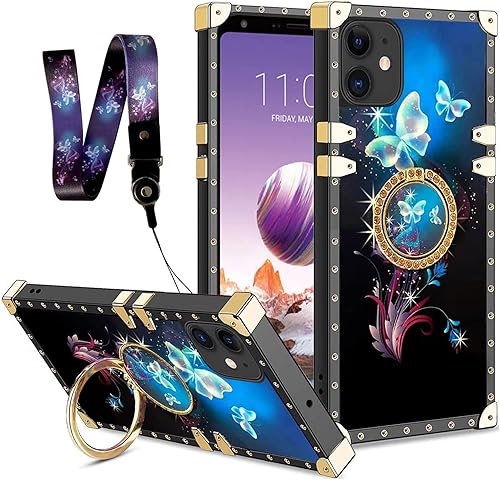 nancheng Funda cuadrada para iPhone 11 (no 11 Pro11 Pro Max) con soporte de anillo + correa de cordón, linda funda protectora a prueba de golpes