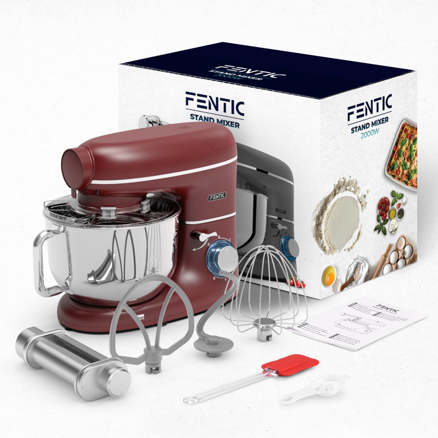 Planetarna mikser z maszyną do makaronu - 2000 W, robot kuchenny z maszyną do świeżego makaronu, maszynka do makaronu, 6,2 l, miska ze stali nierdzewnej (czerwona)