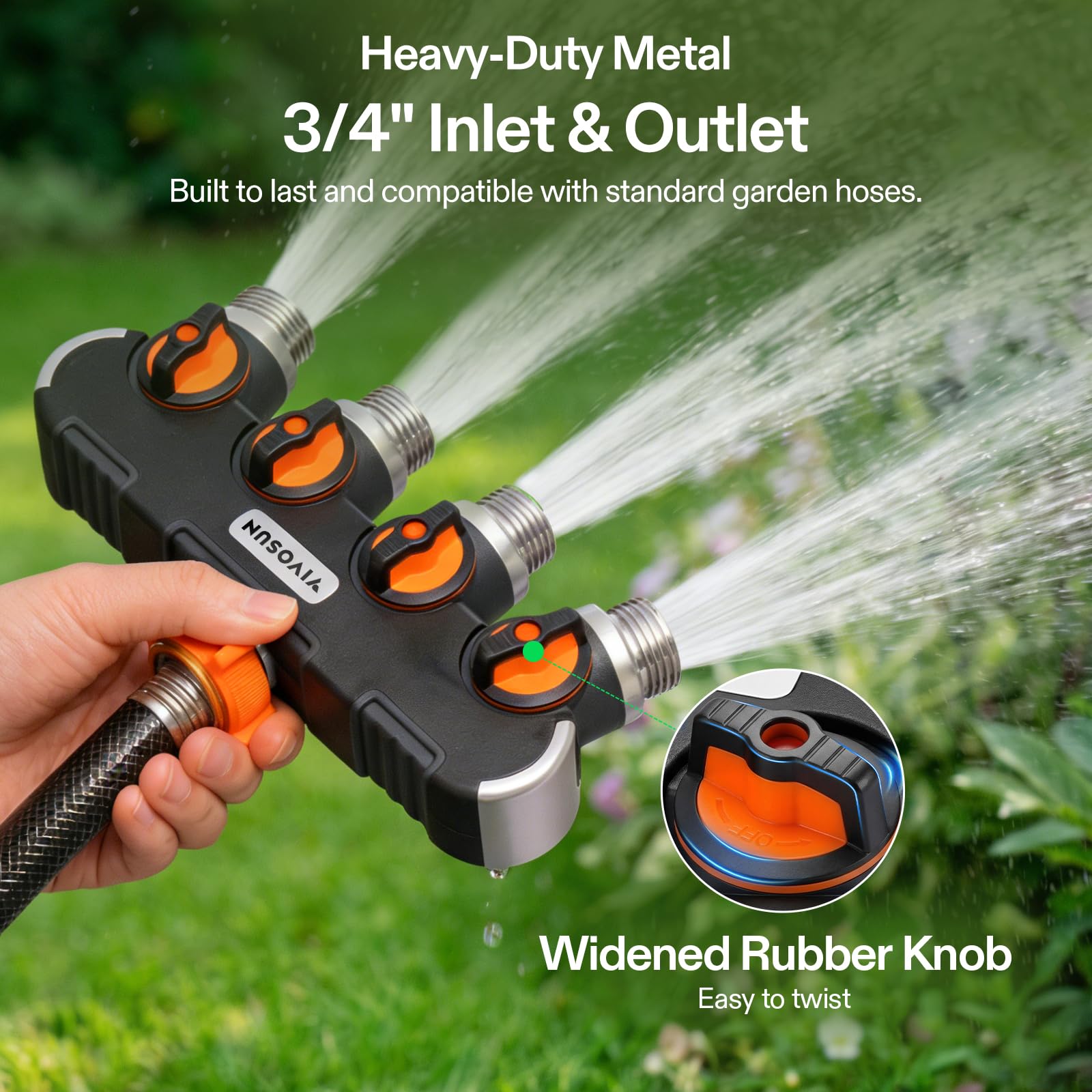 VIVOSUN 4-Wege-Gartenschlauch-Splitter, Wasserschlauchanschluss, Wasserhahn-Adapter mit bequemem, gummiertem Griff für Tropfbewässerung, Rasen