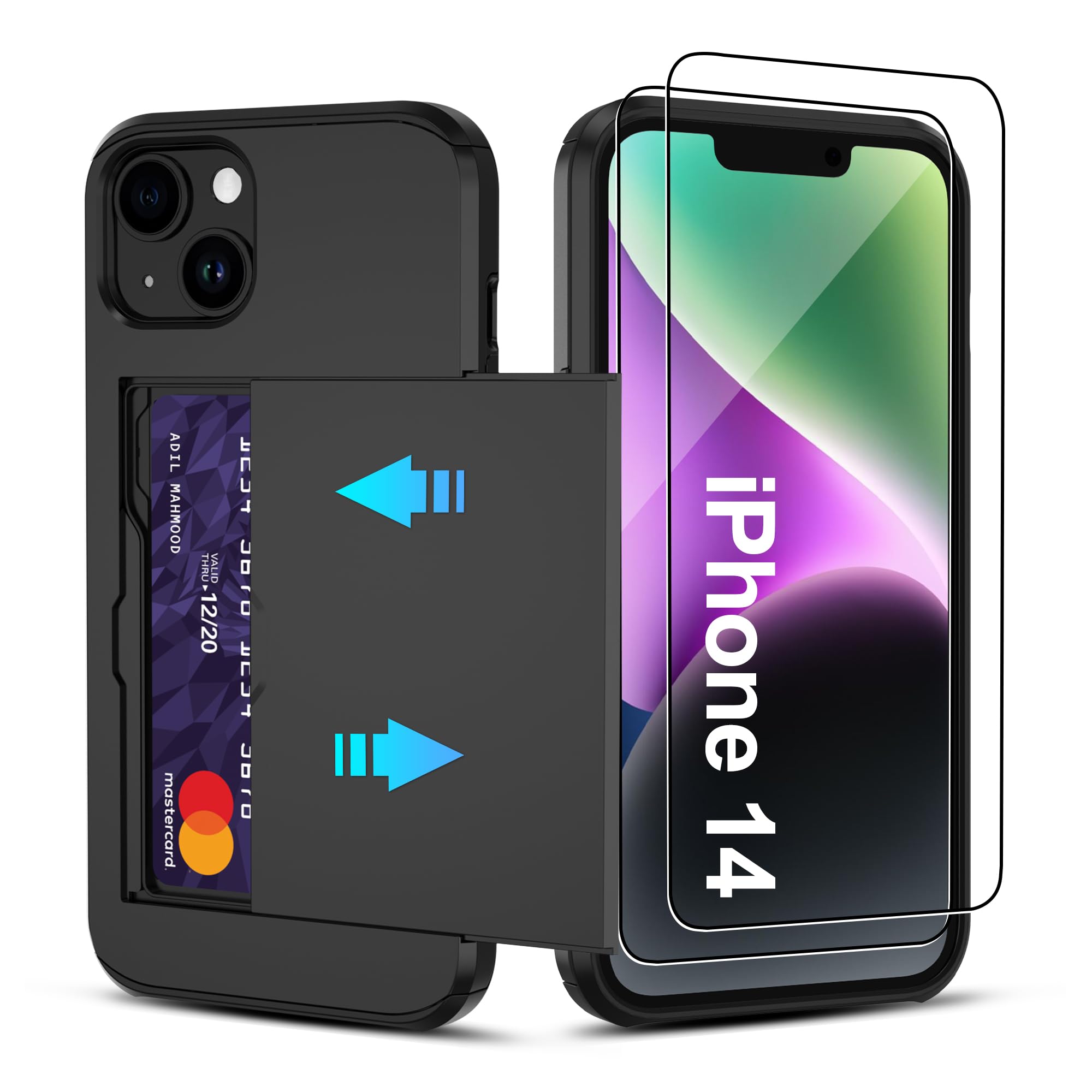 Photo 1 of Pilaru for iPhone 14 Case with Card Holder?2 Pcs HD Screen Protector? i Phone 14 Case Slim Heavy Duty Dual Layer Shockproof Design?Hidden Card Slot ? Wallet Case for iPhone 14 Phone Case -Black