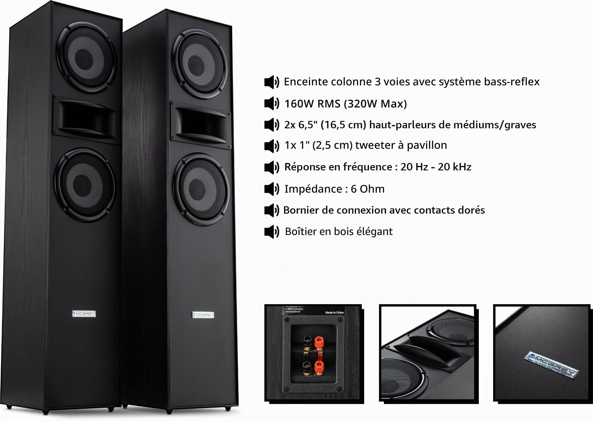 McGrey HTS-65320 BK Paire d'enceintes Colonne HiFi 3 Voies - 160W RMS - 2 x 6,5" médiums/Graves - 1" Tweeter à pavillon - Conception Bass-Reflex - Finition Bois - Noir