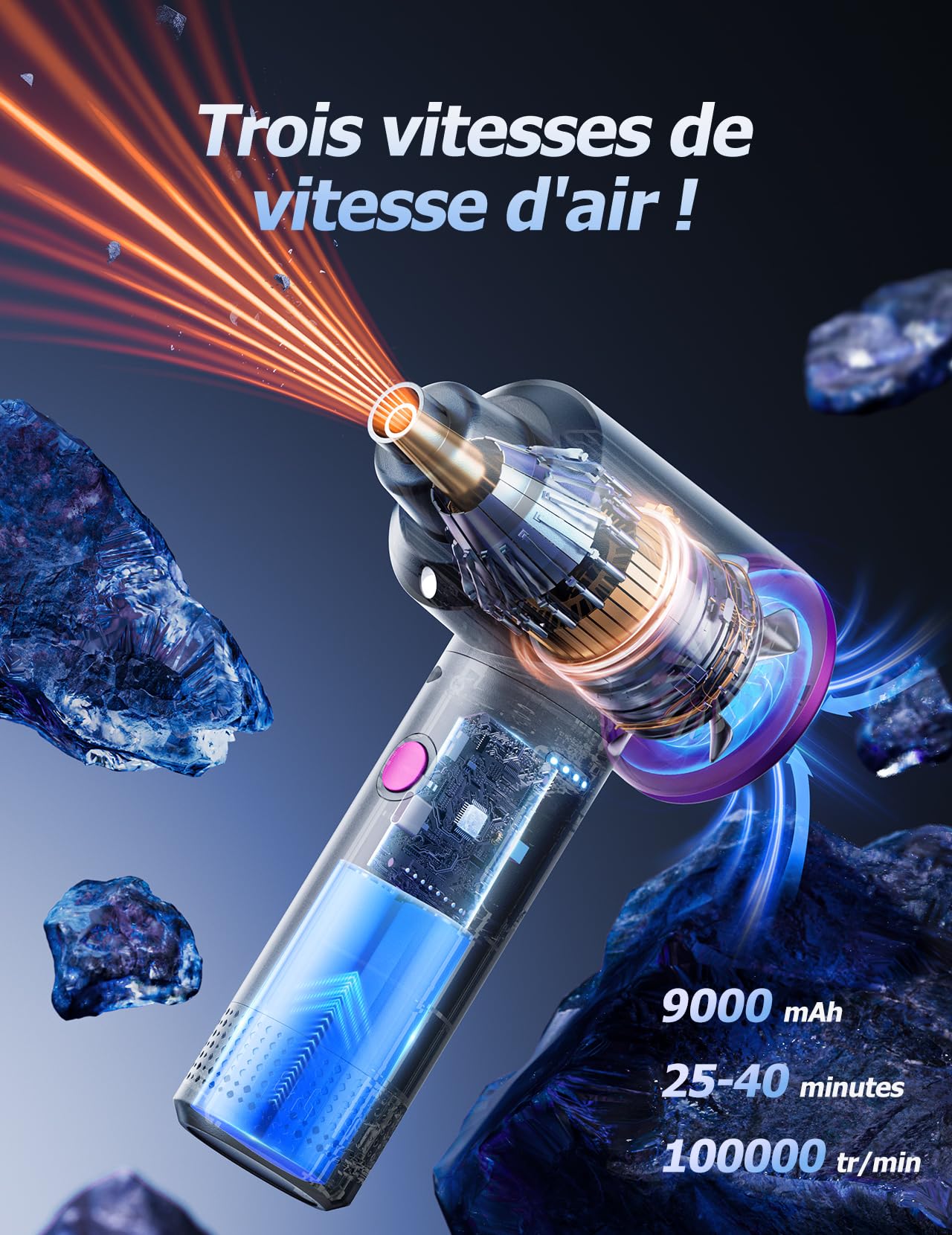 Souffleur Air Comprimé 100000 TR/Min Batterie 9000mAh Kit Nettoyage Clavier Aspirateur 3 Vitesses Lumière LED PC