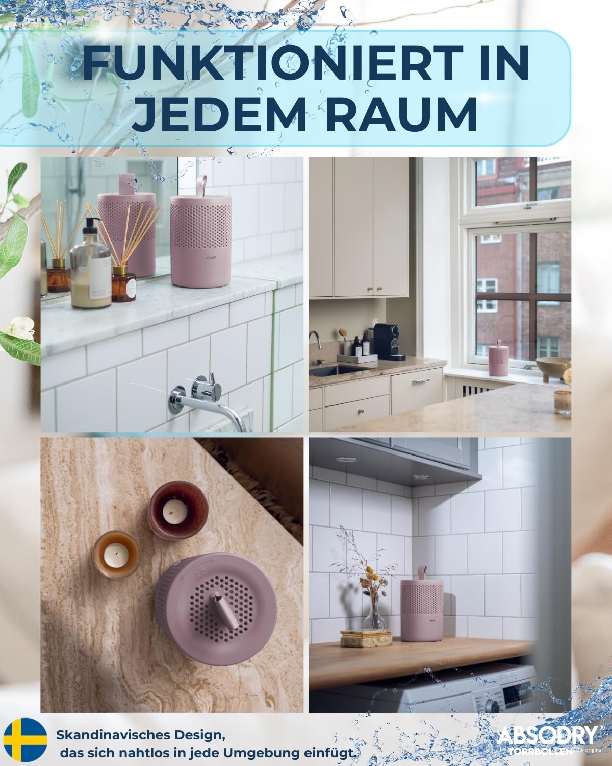 ABSODRY Luftentfeuchter ohne Strom bis - Inklusive Nachfüllpack - Aus recyceltem Kunststoff - Raumentfeuchter für Wohnzimmer Badezimmer Keller - Entfeuchter Wohnung - 4er-Pack (4 X Pink)