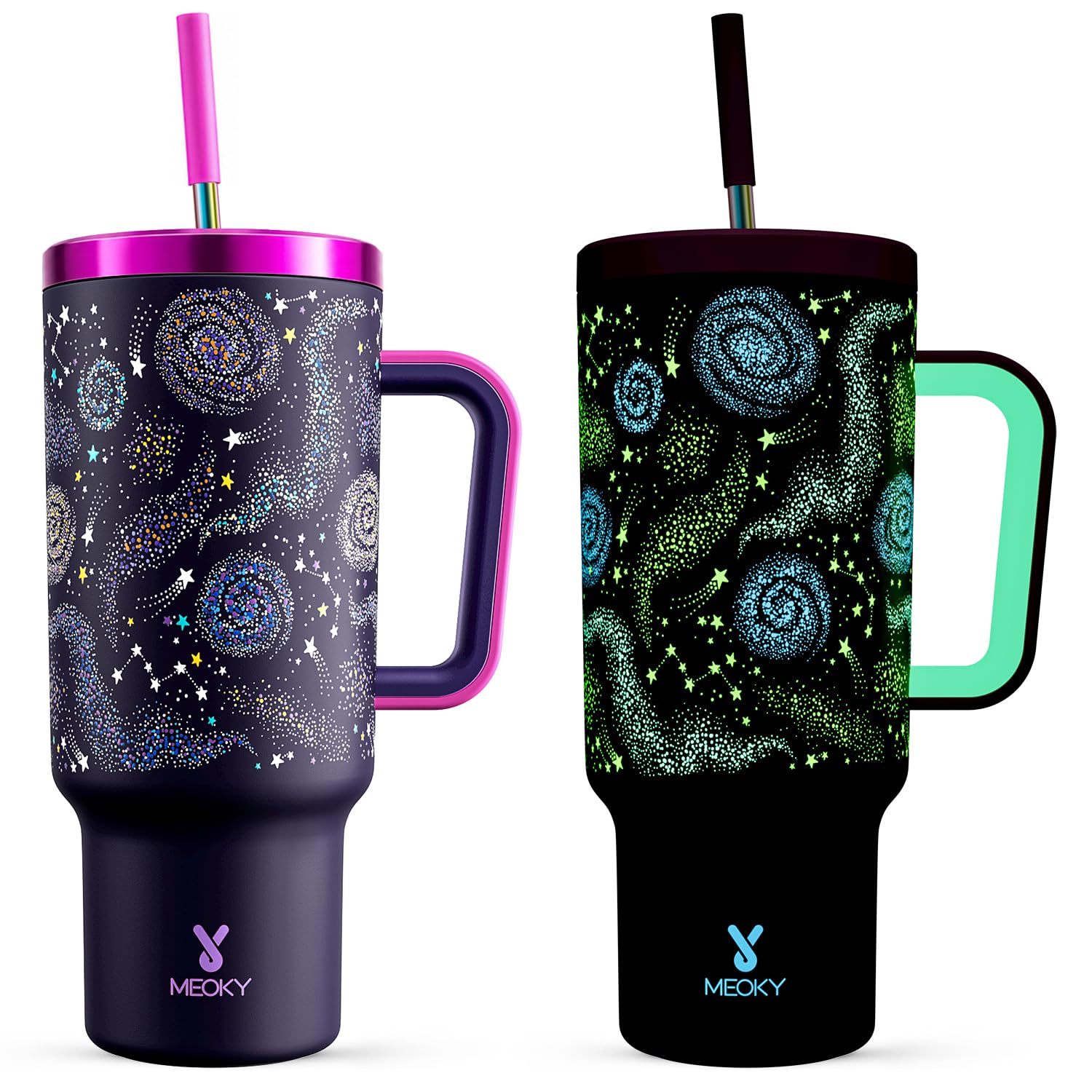 Meoky Glow in the Dark Tumbler: 40 oz Tumbler with Handle and Straw- Stainless Steel Insulated Tumbler for Car Cup Holders - Travelers Commuters Workers (1 Pack, Nebula)