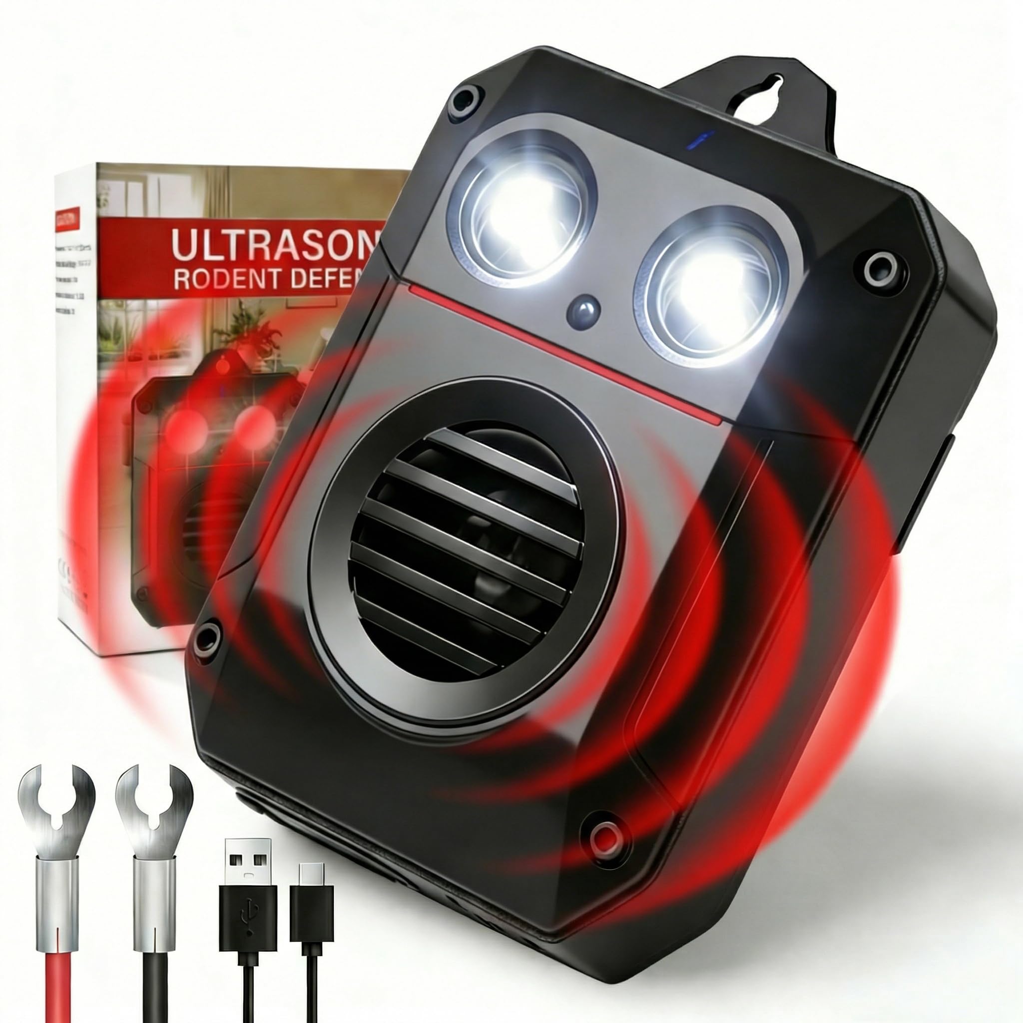 Marderschreck Dachboden Ultraschall, Marderschreck Garten mit Blitzlicht, Marderabwehr Haus IP65 Wasserdicht, Mäuseabwehr Mäuse Vertreiben, Marderschreck Batteriebetrieben mit USB-C kabel für KFZ