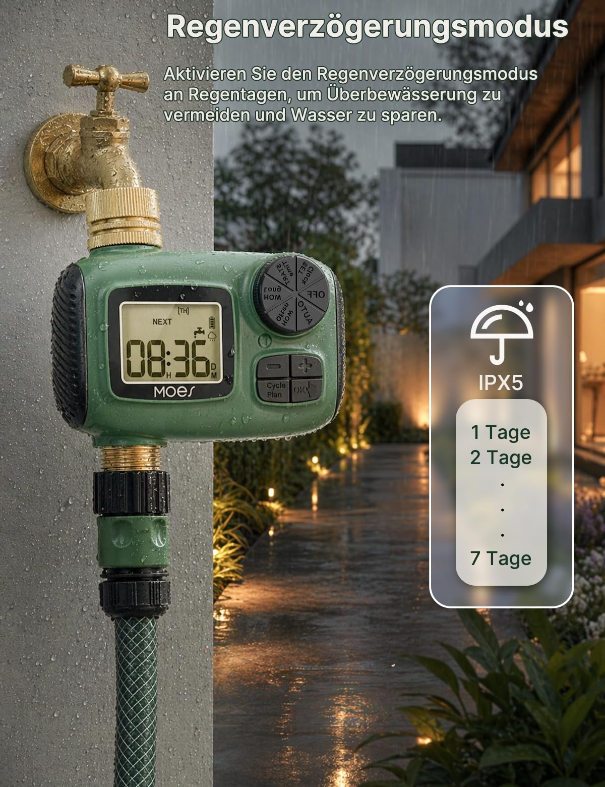MOES Bewässerungscomputer mit Messinganschlüssen, Auslaufsichere Bewässerungsuhr für Garten & Rasen, Automatik- & Manueller Modus, Wasser Zeitschaltuhr mit Regenverzögerung & Großem LCD-Display