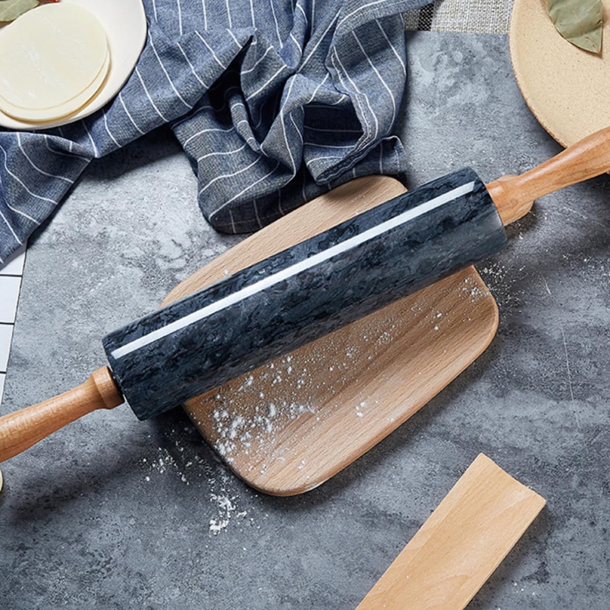 Holzgriff Nudelholz aus Marmor Praktischer Teigroller für Backen und Kochen Langlebiger Natürlicher Antihaftbeschichteter Ausrollstab für Zuhause und Geschenk