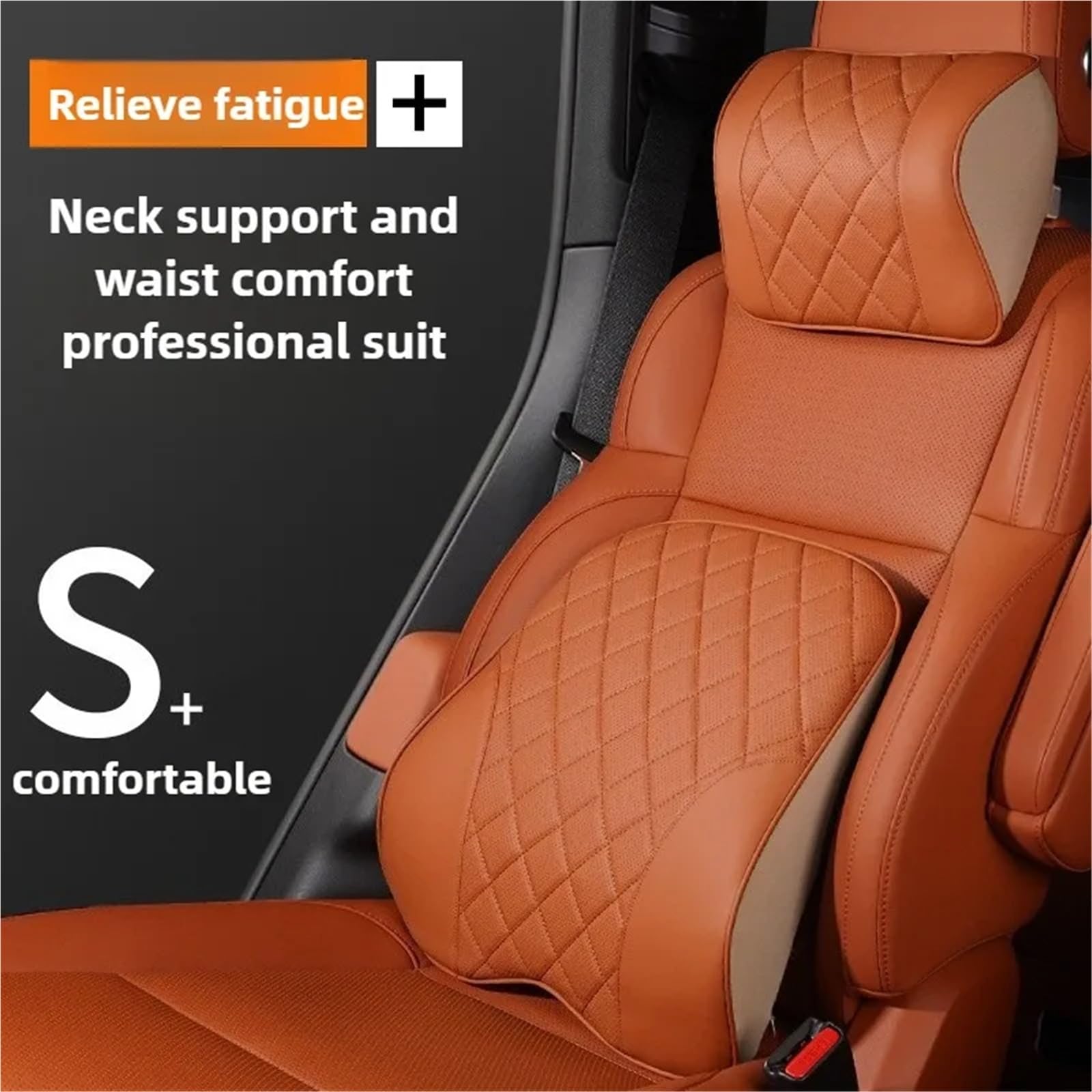 POQUWJDA Car Seat Neck Coussin de Nuque en Cuir Nappa pour Voiture, Appui-tête Mousse à mémoire Forme, Support Lombaire, Accessoires siège Sleeping Headrest(Beige -Waist Pillow)