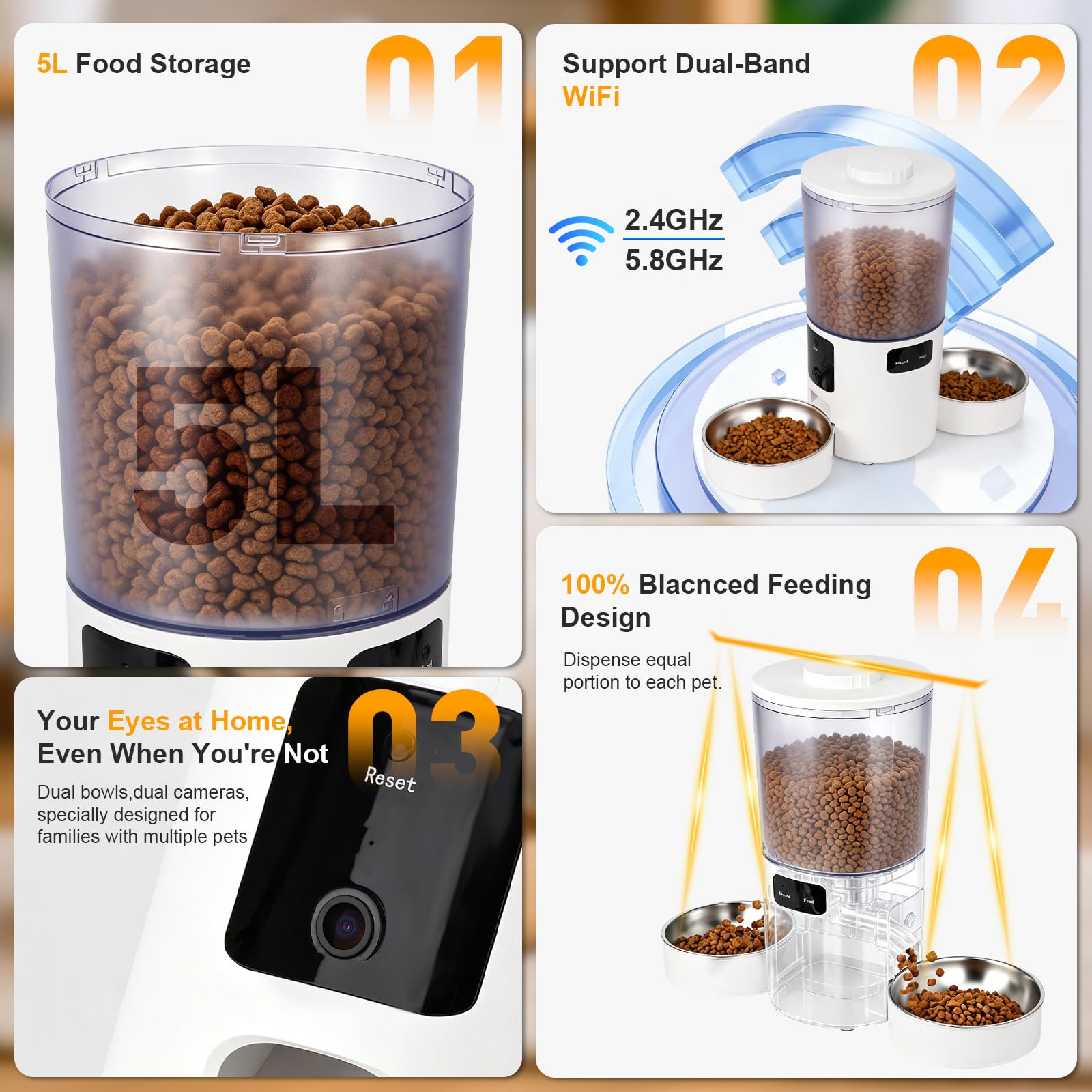 Podazz Comedero automático para gatos con doble cuenco, capacidad de 5 litros, 2 cámaras, WiFi, para 2 gatos o perros pequeños, control de aplicación de 2,4 GHz y 5 GHz, 20 comidas al día, porciones