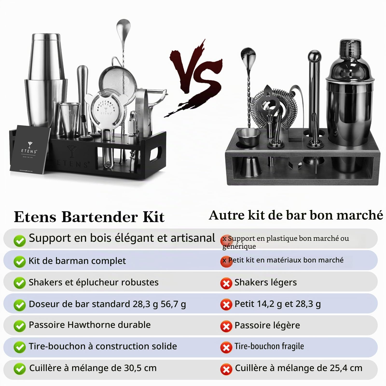 ETENS Ensemble Shaker à Cocktail - Accessoires de Bar - 15 pièces Mixology Barman Comprenant Un Shaker Boston, Un doseur Japonais, Une passoire, Un décapsuleur, Une cuillère à mélanger à Cocktail