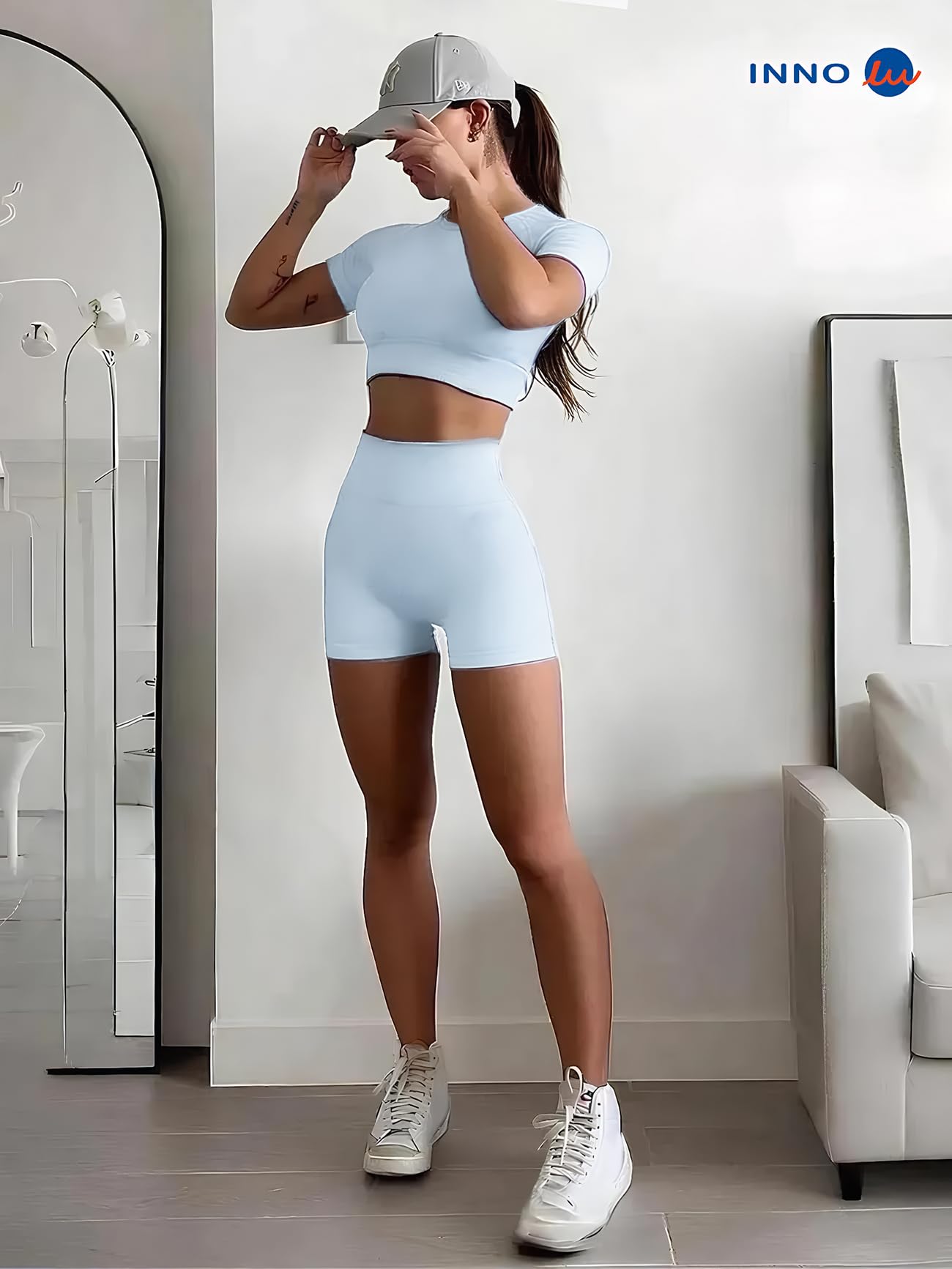 Ensembles D'entraînement pour Femmes Top Court Sans Coutures 2 Pièce Short Taille Haute Tenues Décontractées Yoga Fitness Gym