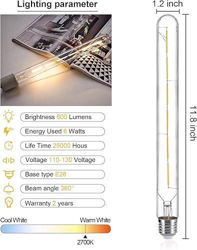 Miniatura 2 de Bombillas LED regulables T30 antiguas, bombilla tubular Edison blanca cálida, bombilla de tubo largo, estilo E26, bombilla de filamento LED vintage,
