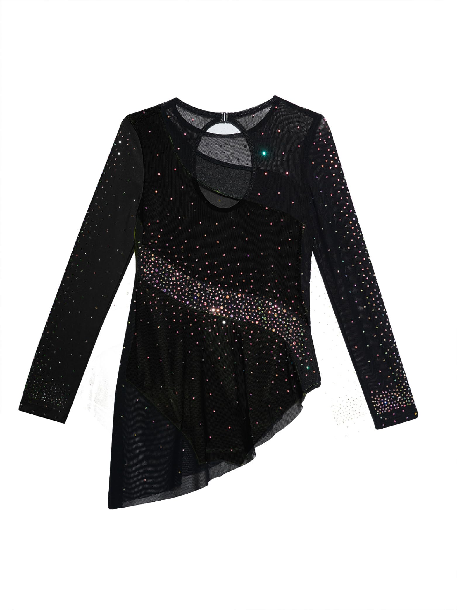 Fille Robe Patinage Artistique Asymétrique Strass Scintillante Tenue Danse sur Glace Justaucorps Gymnastique Danse Manches Longues Costume