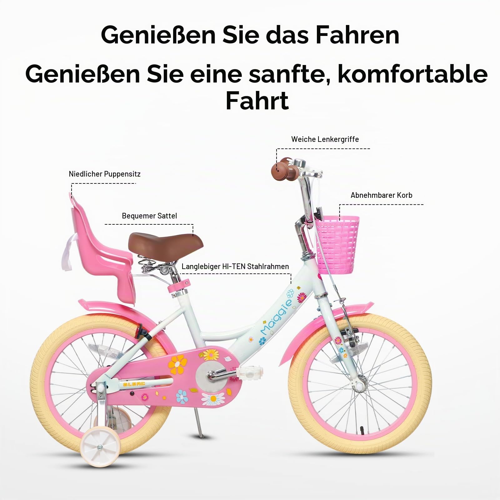 Glerc Maggie 16 Zoll Mädchen Fahrrad Alter 4 5 6 7 Jahre, Kinder und Kleinkinder Prinzessin Fahrrad Barbie Fahrräder mit Puppe-Sitz & Korb & Stützräder für Geschenk, Weiß