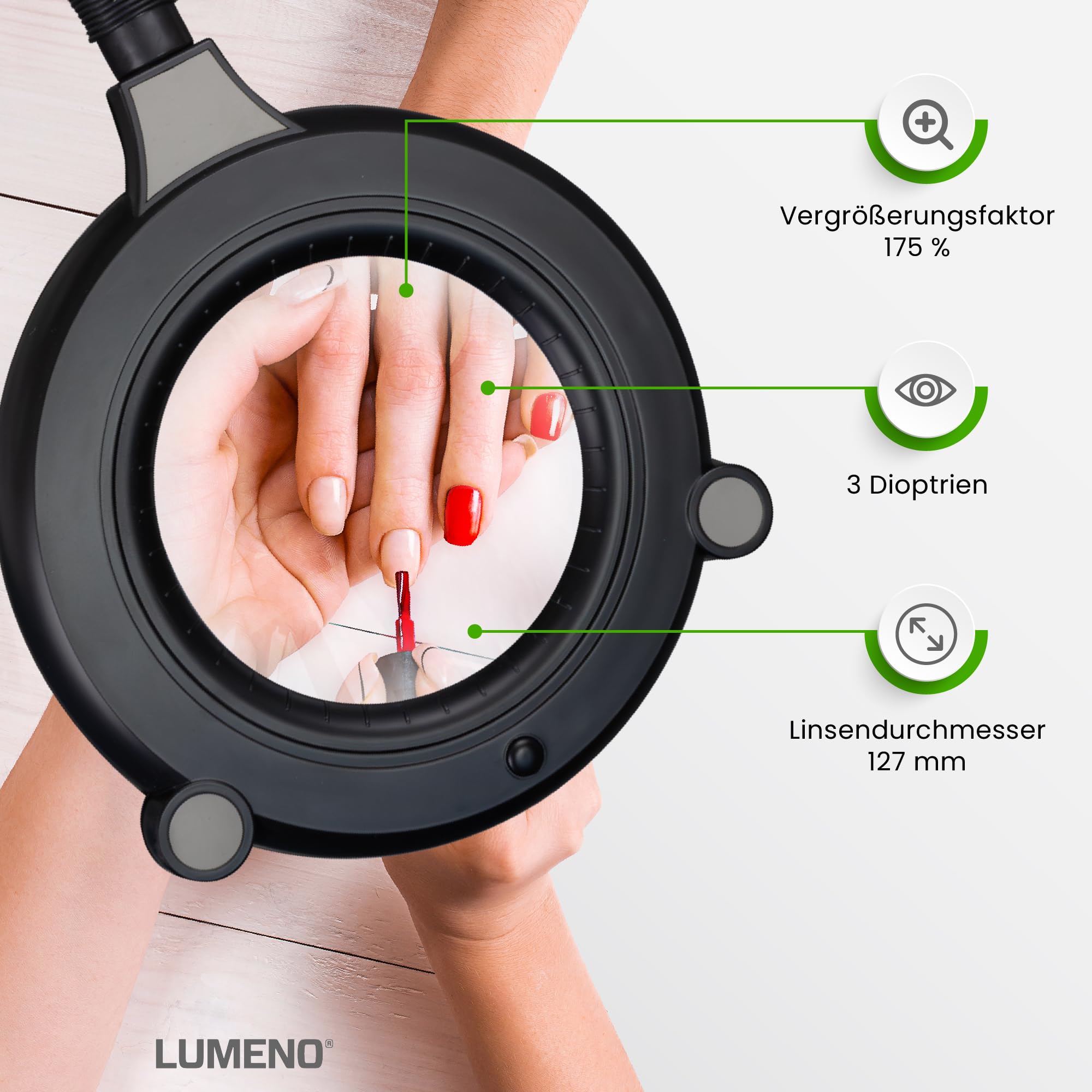 Lumeno 7313SW LED Lupenleuchte - Profi-Lupenlampe mit 3 Dioptrien und hohem CRI von 95 - Ideal für Praxen, Kosmetikstudios, Industrie - Perfekte Farbwiedergabe für Präzisionsarbeiten, Schwarz
