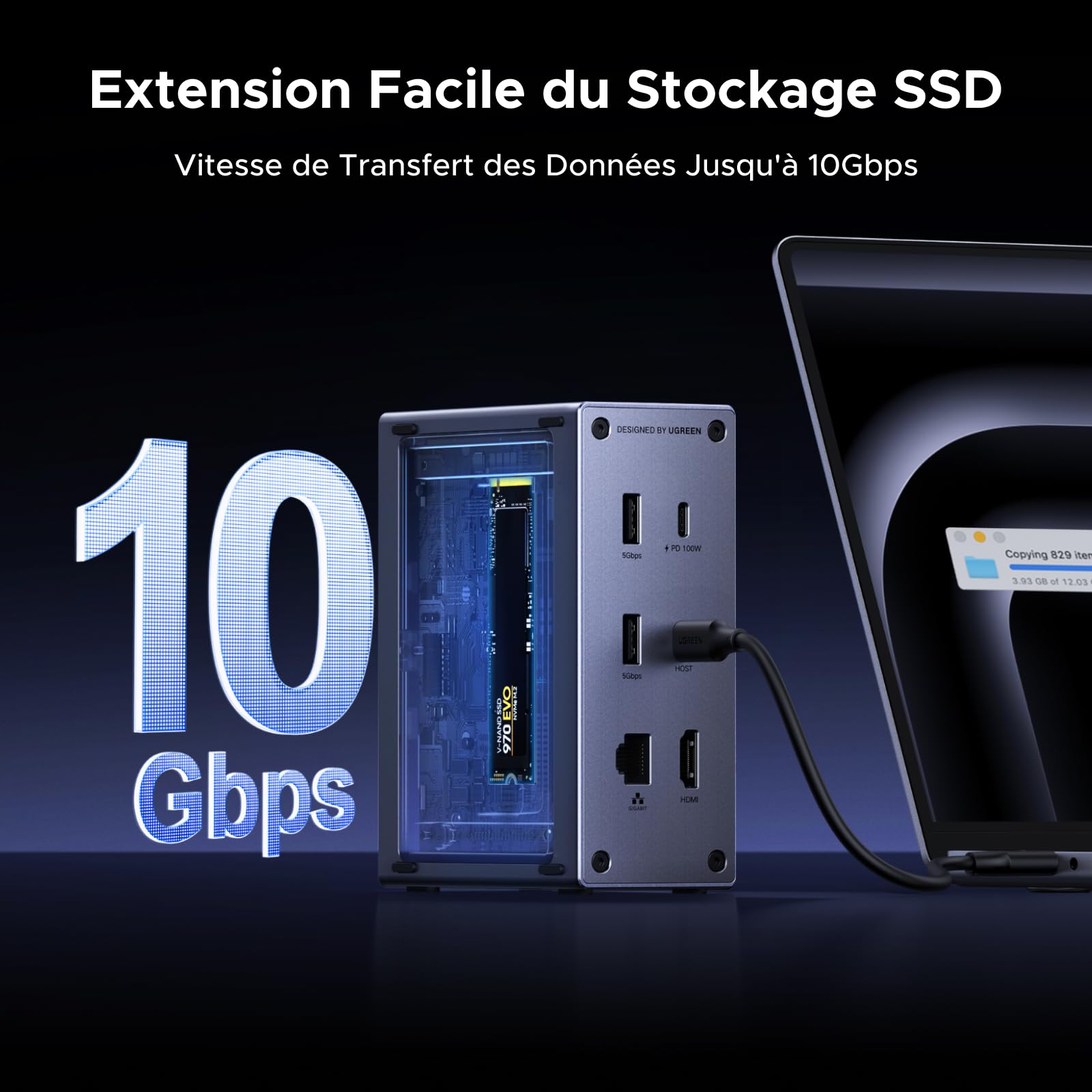 UGREEN Revodok Pro 10Gbps Docking Station USB C 10 en 1 Multiport | Avec Boîtier SSD M.2 NVME, HDMI 4K 60Hz, 10Gbps Transfert Rapide, PD 100W Charge, Ethernet Gigabit, Lecteur Carte SD TF