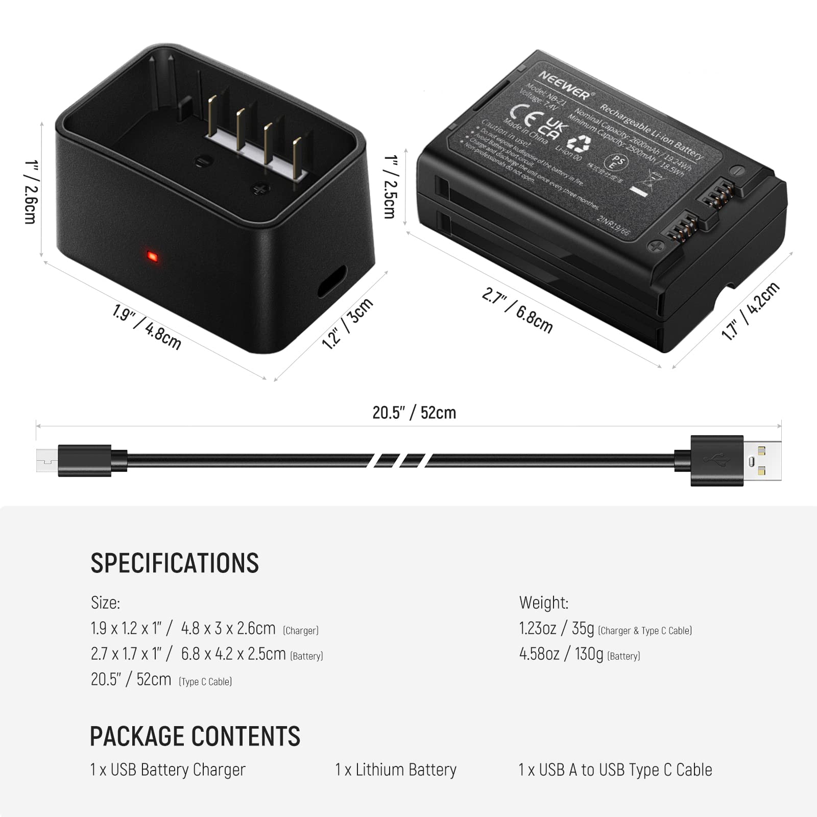 NEEWER Batterie Lithium 7,4V/2600 mAh et Chargeur USB TTL Z2-C/N/S, Z1-C/N/S, Z760-C/N/S Flash à tête Ronde Speedlite, Batterie de Remplacement au Lithium entrée DC 5 V/2 A, 8,4 Chargeur USB Type C
